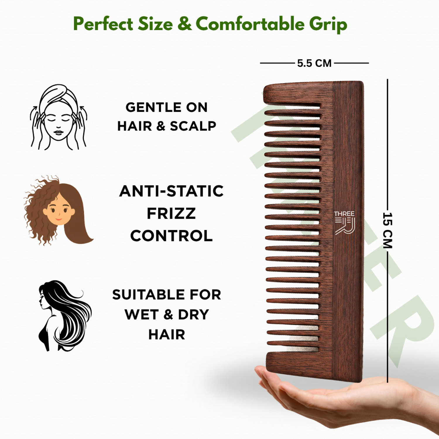 Image of THREE R Premium Rosewood Shampoo Wide Tooth Wooden Hair Comb for Men & Women