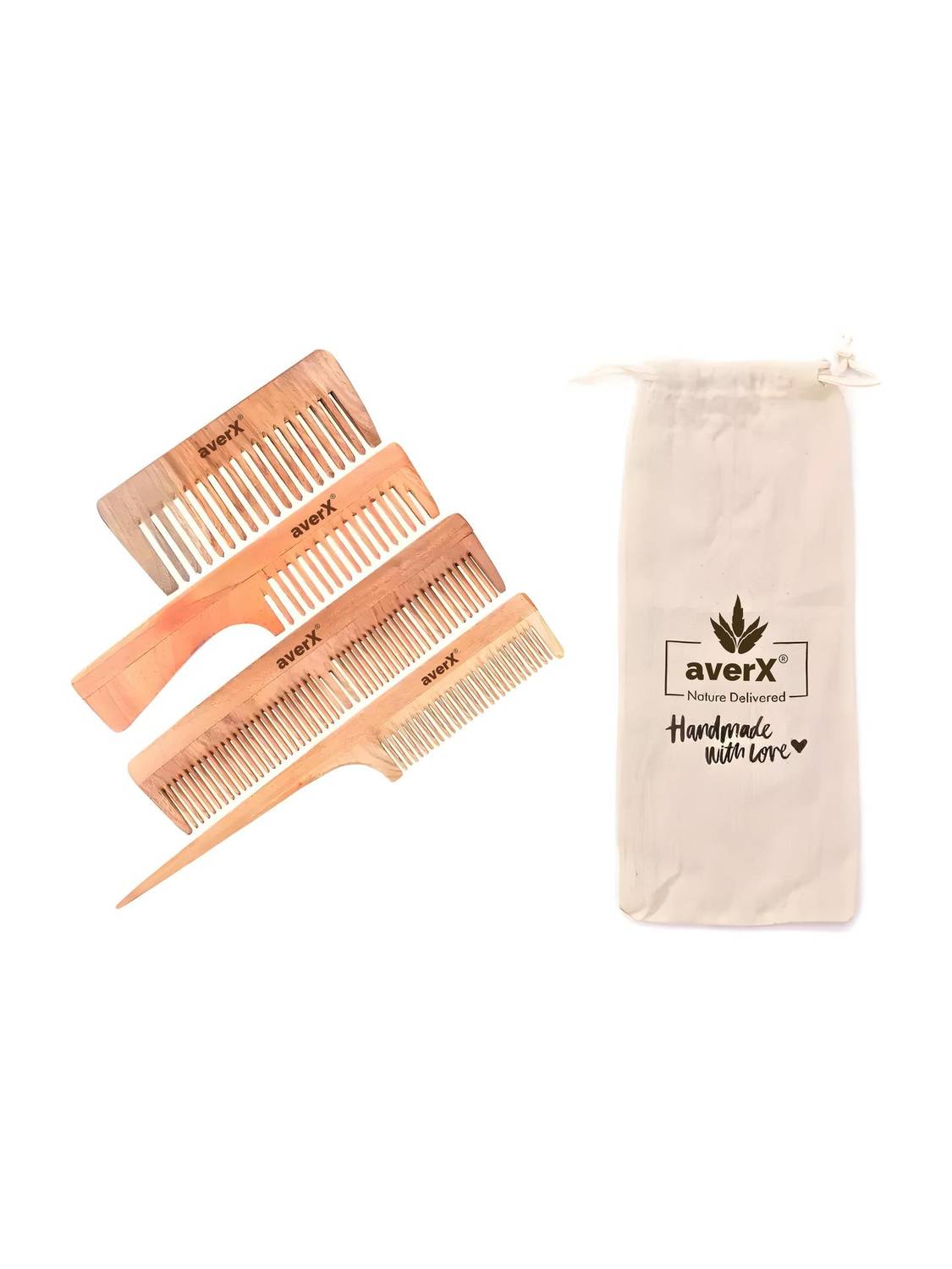 averX Handmade Neem Wood Anti Dandruff Combs Pack of 4 | Family Kit