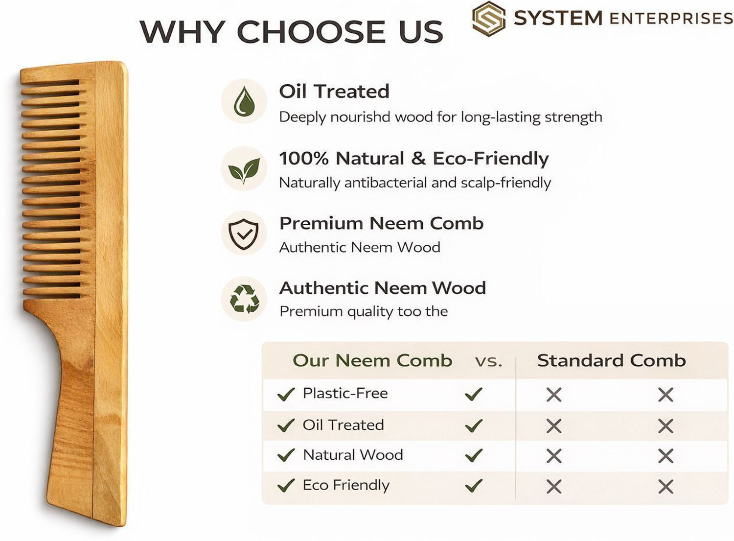 Image of Faigy Kacchi Neem Wood Comb - Natural Haircare Infused with Neem Oil & Herbal Extracts