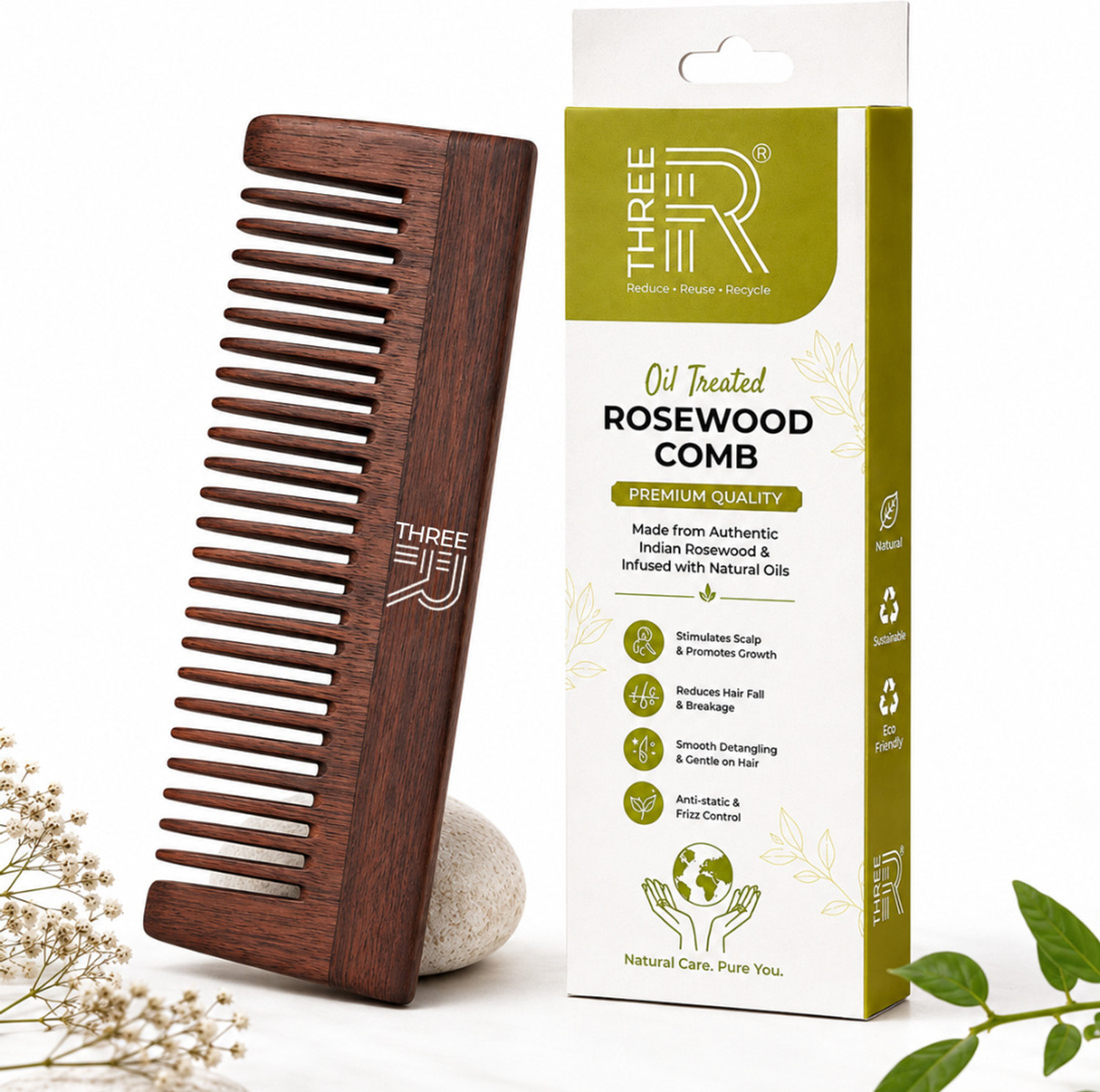 Image of THREE R Premium Rosewood Shampoo Wide Tooth Wooden Hair Comb for Men & Women
