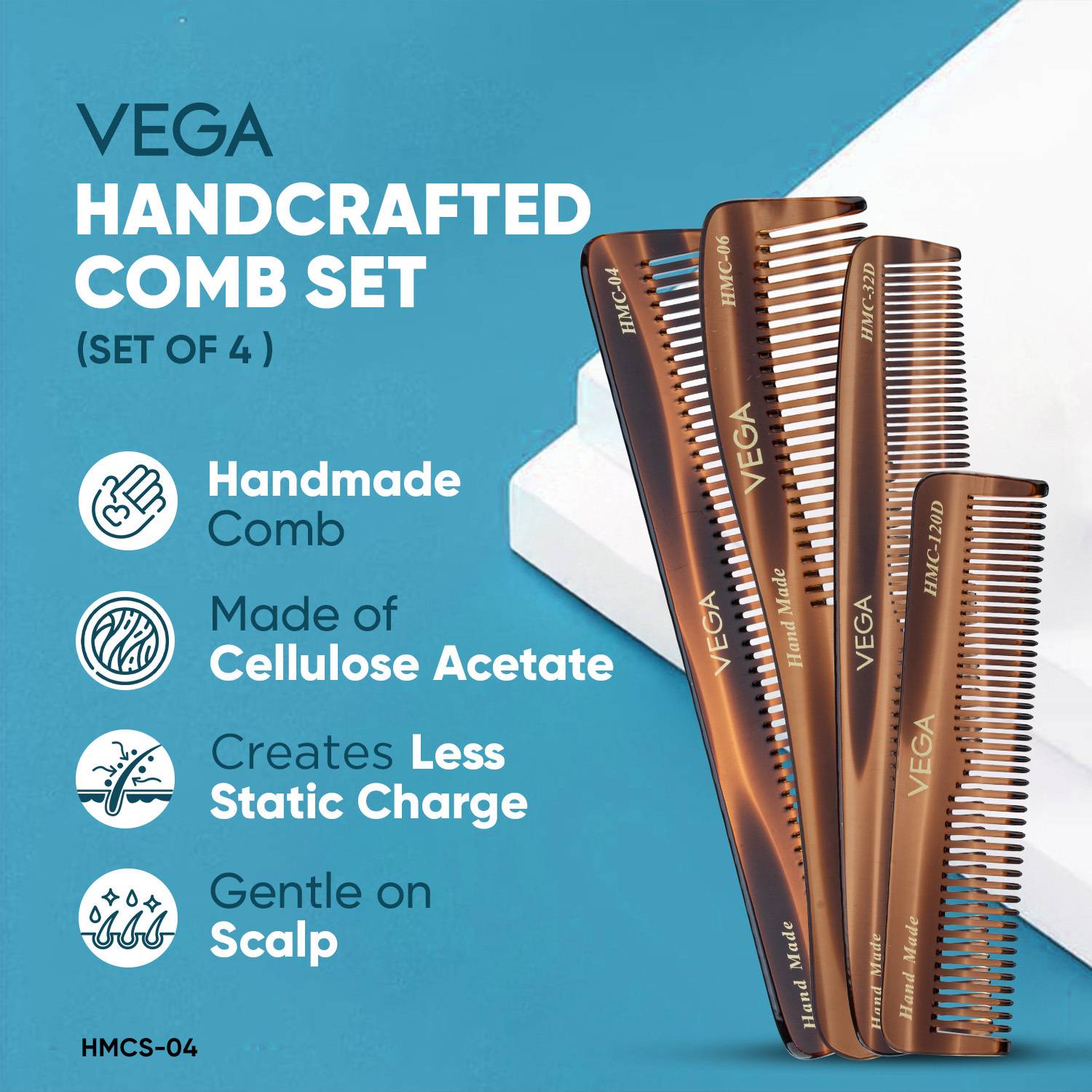 VEGA Set of 4 Handcrafted Hair Combs – Cellulose Acetate Comb Set