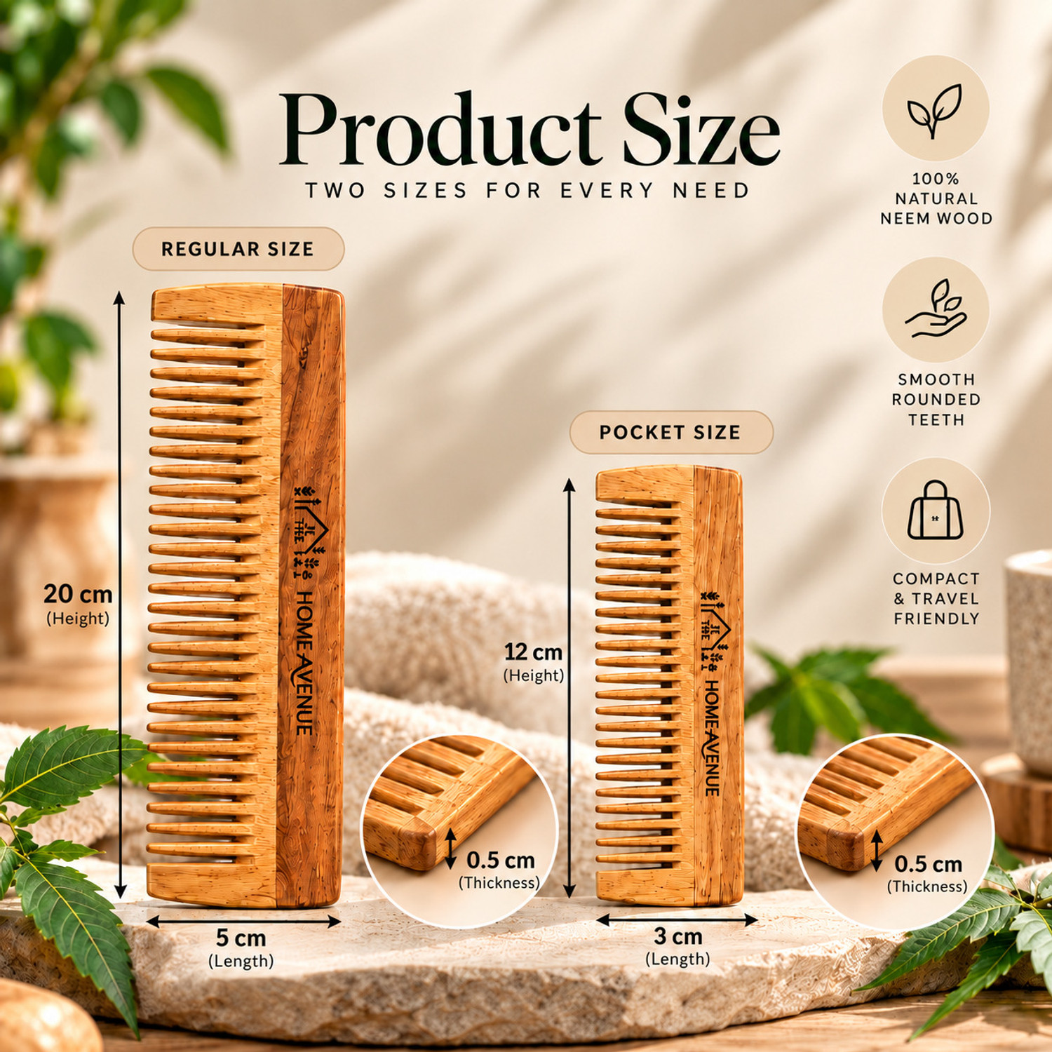 Image of The Home Avenue Neem Wood Hair Comb Combo Anti Static Fine Tooth Pocket Comb Unisex
