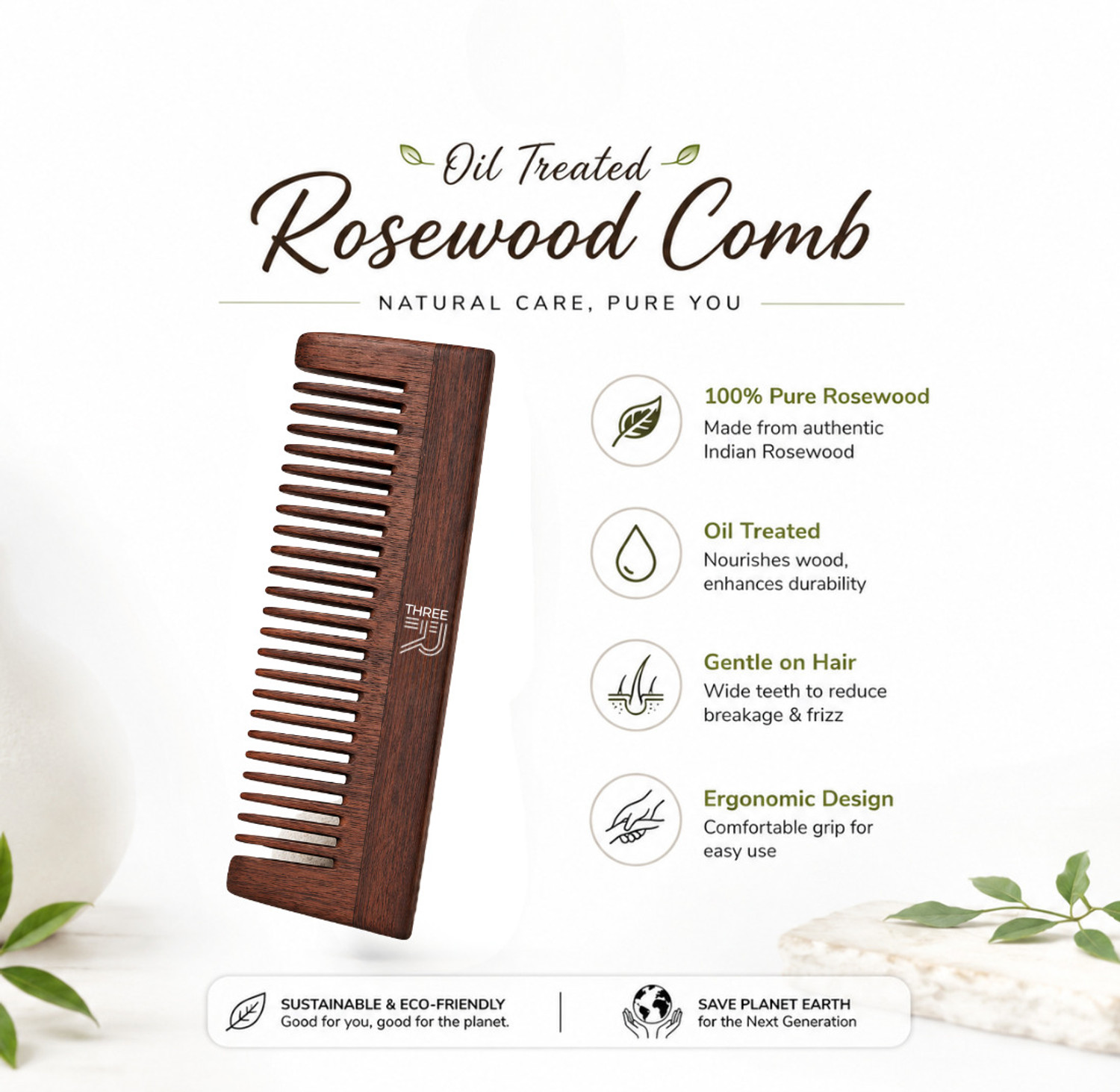 Image of THREE R Premium Rosewood Shampoo Wide Tooth Wooden Hair Comb for Men & Women