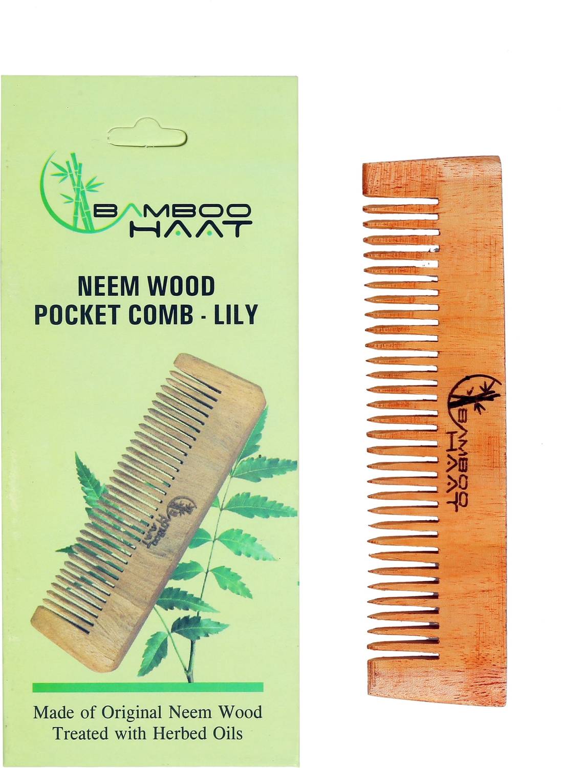 Bamboo Haat Lily Pocket Comb Organic & Biodegradable Neem Wood Comb (13.5 x 3.5 cm)