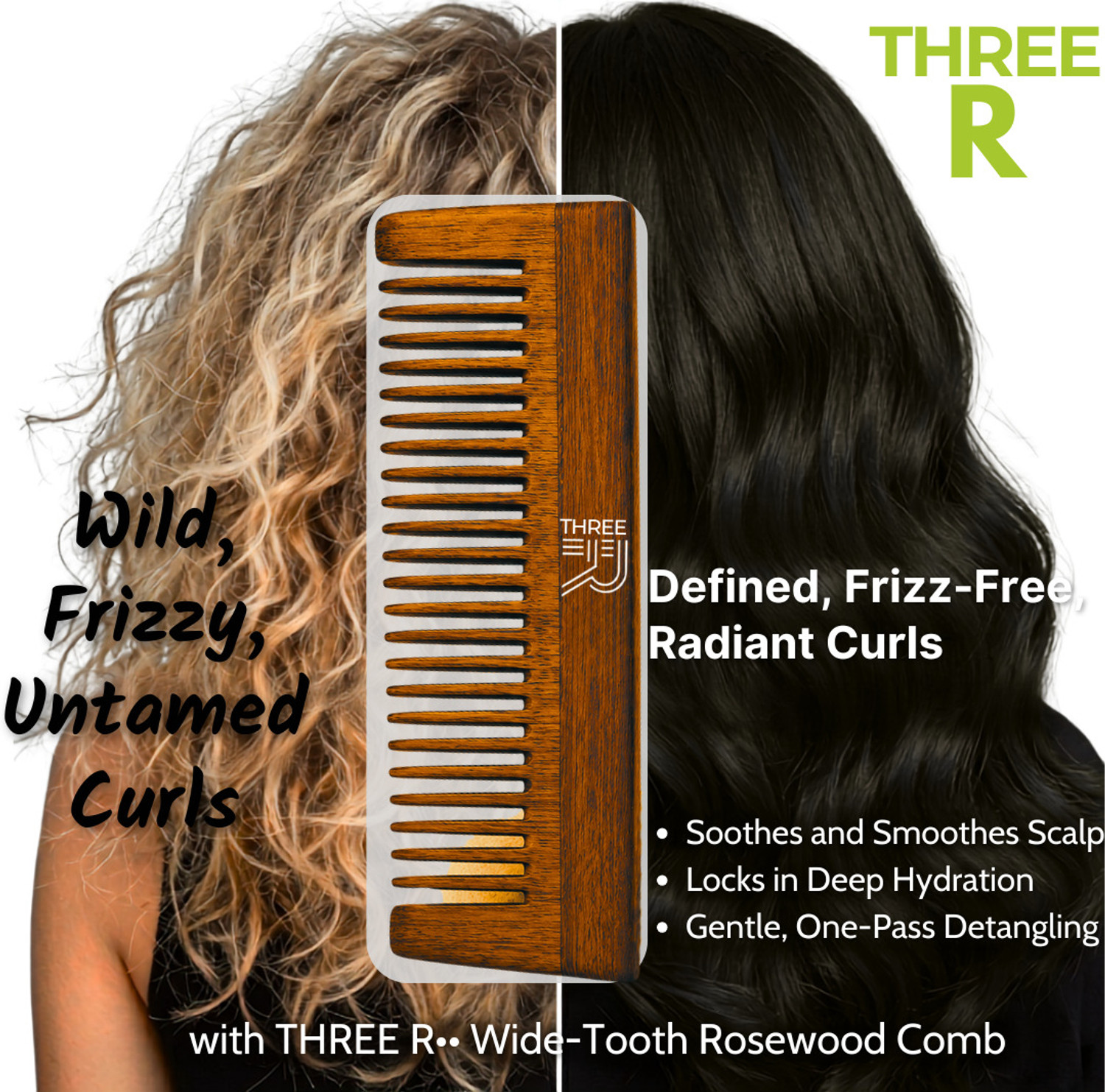 Image of THREE R Premium Rosewood Shampoo Wide Tooth Wooden Hair Comb for Men & Women