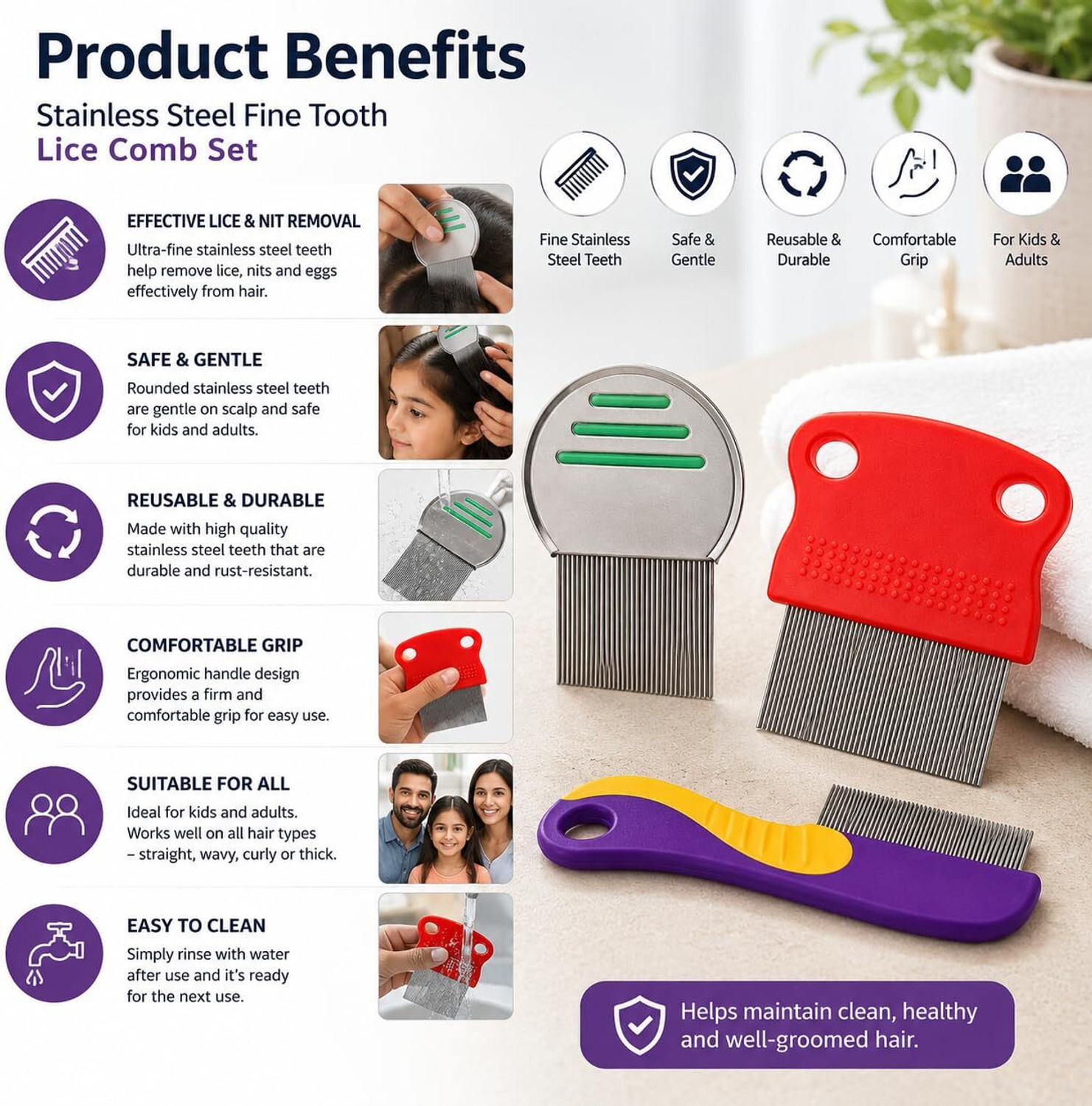 Image of TRESSENCE 3PC - Stainless Steel Lice Removal Comb Set (3Pc Combo)