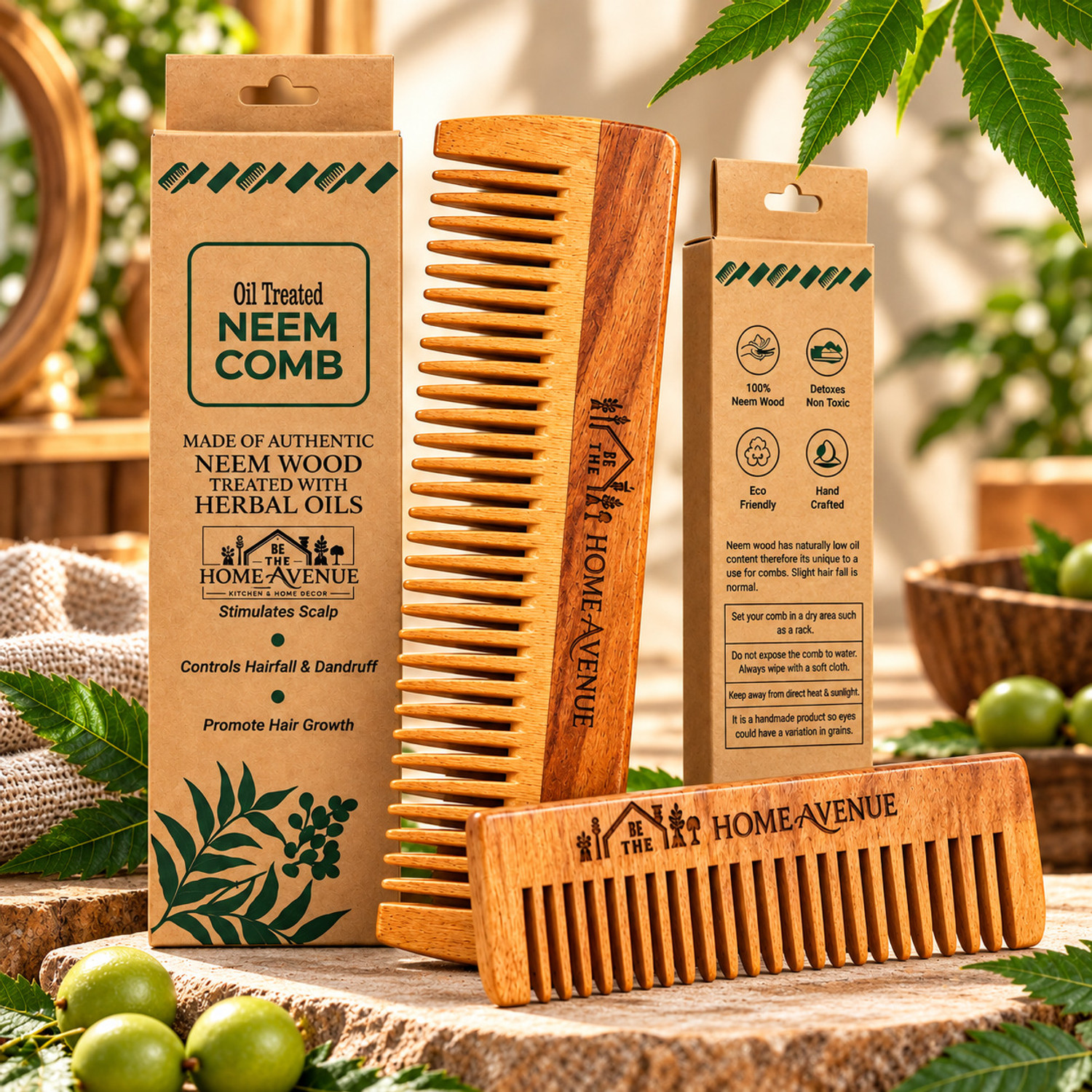 Image of The Home Avenue Neem Wood Hair Comb Combo Anti Static Fine Tooth Pocket Comb Unisex