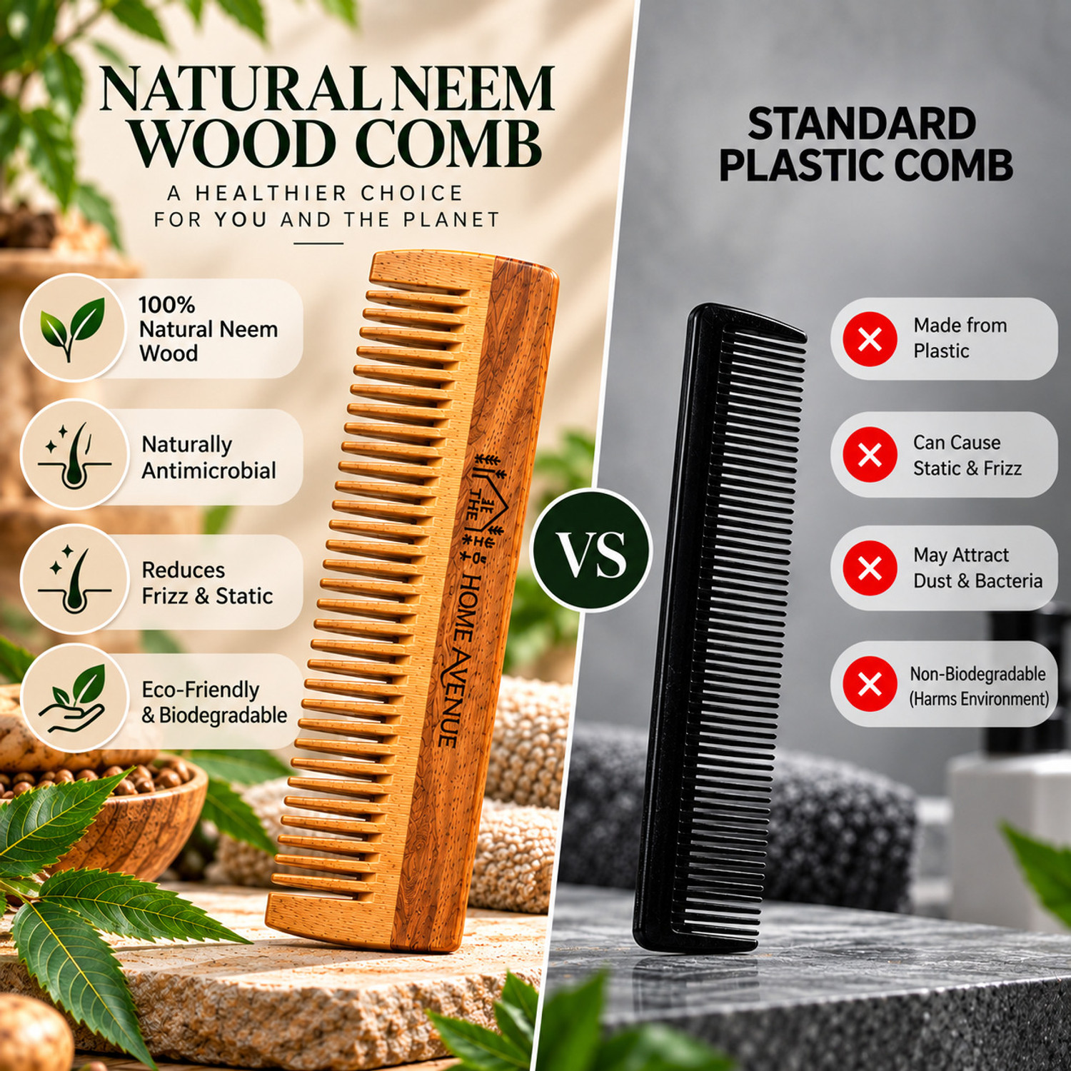 Image of The Home Avenue Neem Wood Hair Comb Combo Anti Static Fine Tooth Pocket Comb Unisex