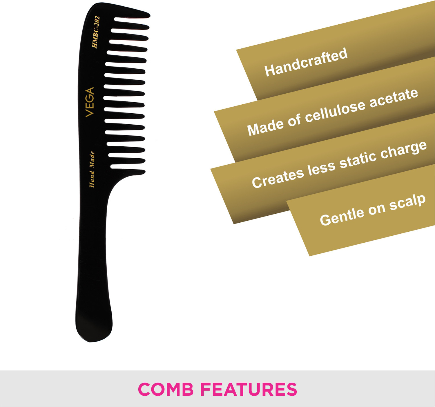 Image of VEGA Handcrafted Shampoo Comb Made Cellulose Acetate (HMBC-202)
