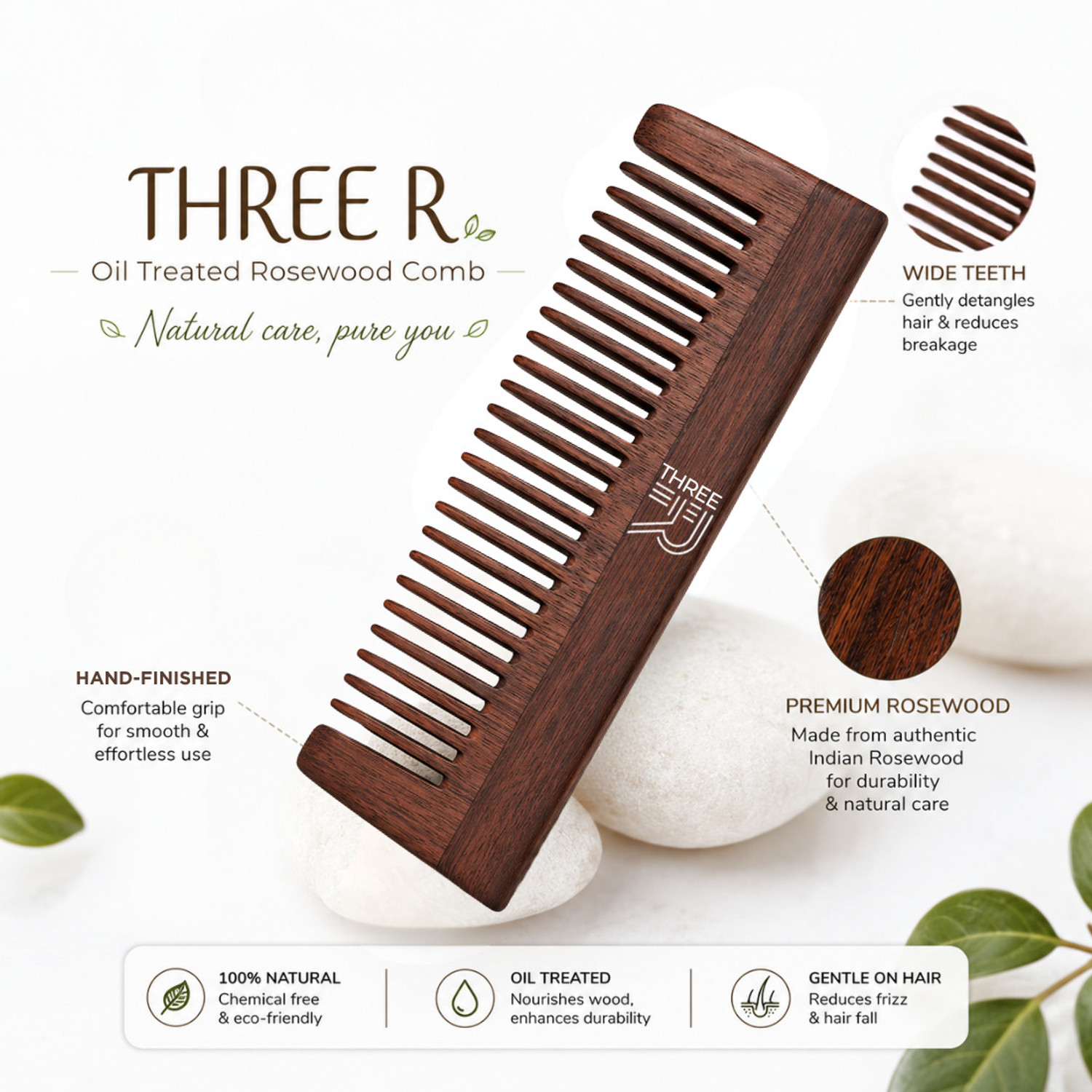 Image of THREE R Premium Rosewood Shampoo Wide Tooth Wooden Hair Comb for Men & Women