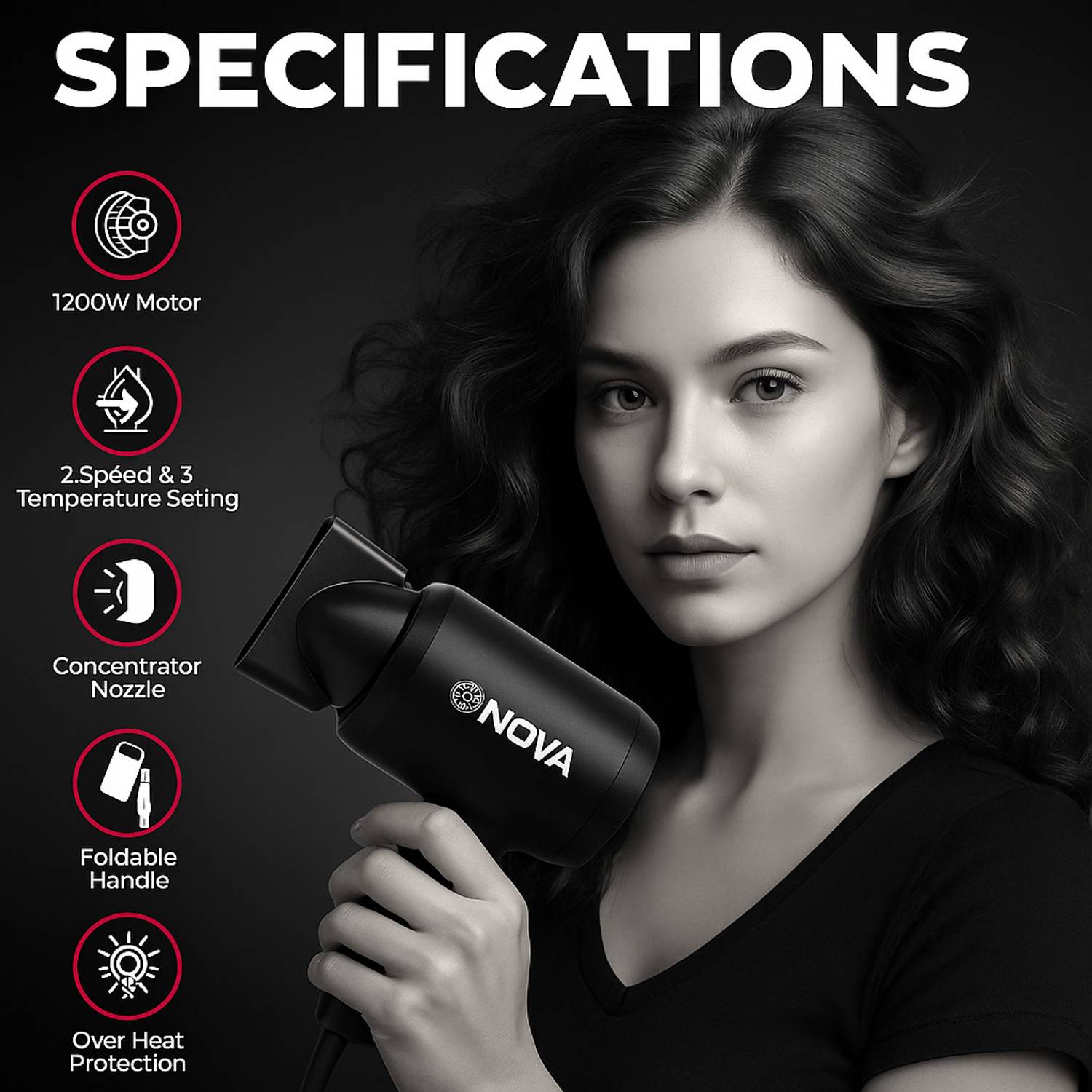 NOVA NHP 8231 Hair Dryer Black - Image 2