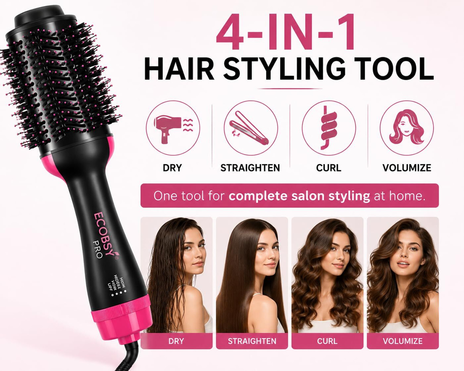 Image of ECOBSY 4-in-1 Hair Dryer Brush Hot Air Brush Volumizer with Ionic Technology Hair Dryer