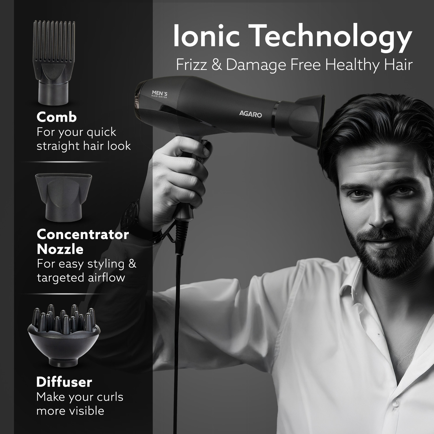 Image of AGARO 2000W AC Professional Hair Dryer with Comb, Nozzles, Hot & Cold Air, Cool Shot Hair Dryer