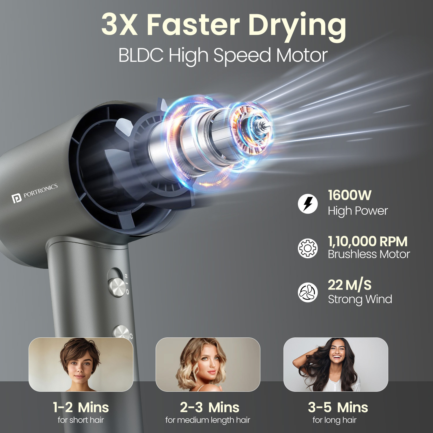 Image of Portronics Zifro BLDC 1600W Cold & Hot Air Hair Dryer, 3 Temperature Modes, 2 Fan Speeds Hair Dryer