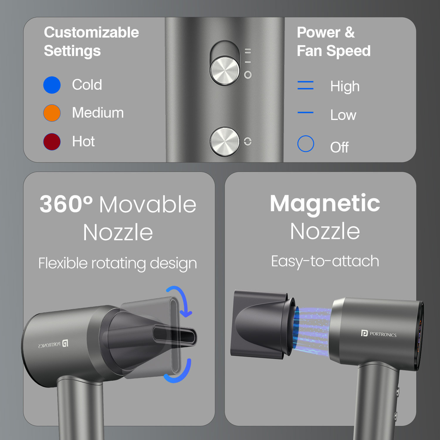 Image of Portronics Zifro BLDC 1600W Cold & Hot Air Hair Dryer, 3 Temperature Modes, 2 Fan Speeds Hair Dryer