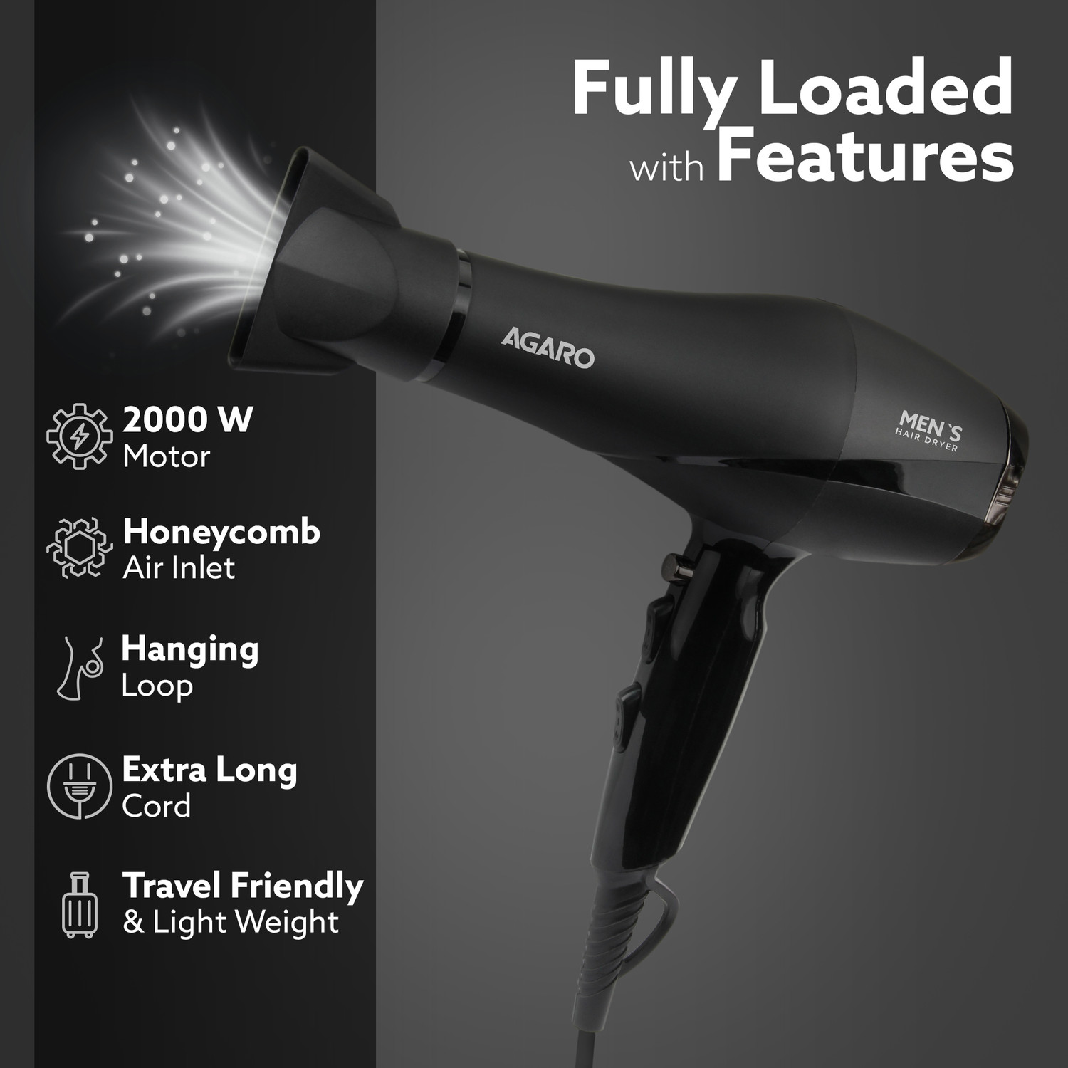 Image of AGARO 2000W AC Professional Hair Dryer with Comb, Nozzles, Hot & Cold Air, Cool Shot Hair Dryer