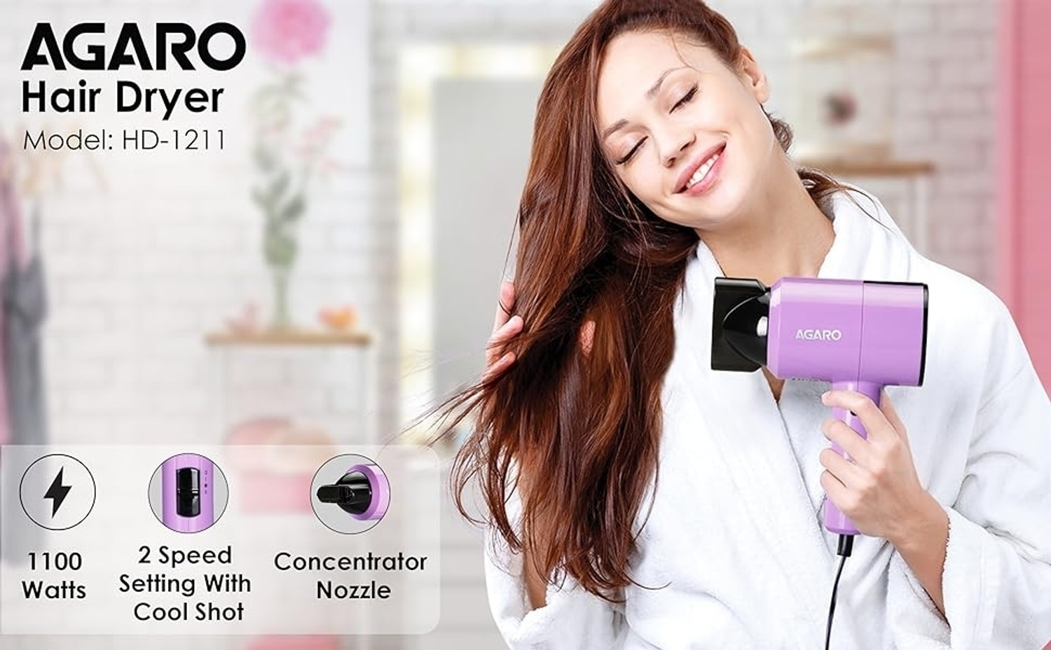 Image of AGARO HD 1211 PINK Hair Dryer