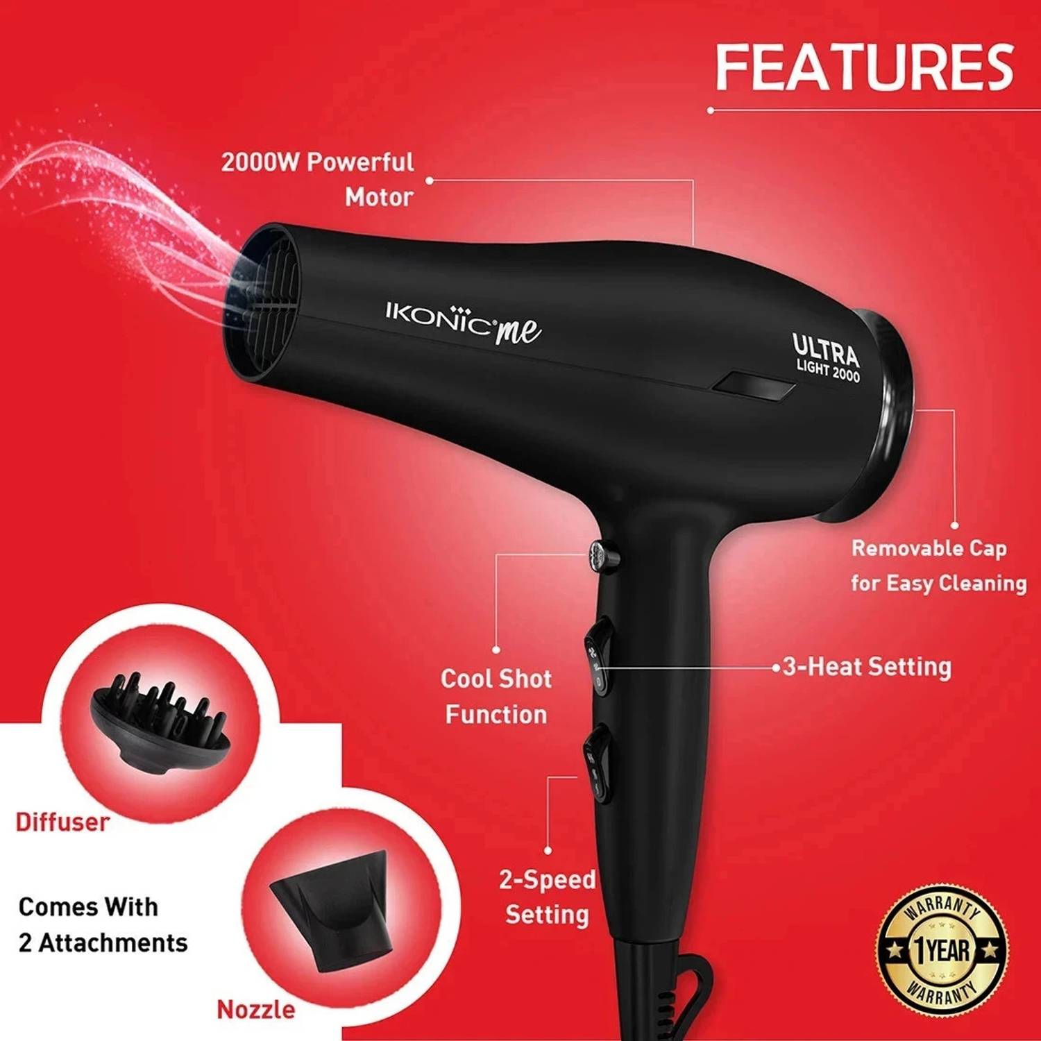 IKONIC ME Ultra Light 2000 Hair Dryer - Image 2