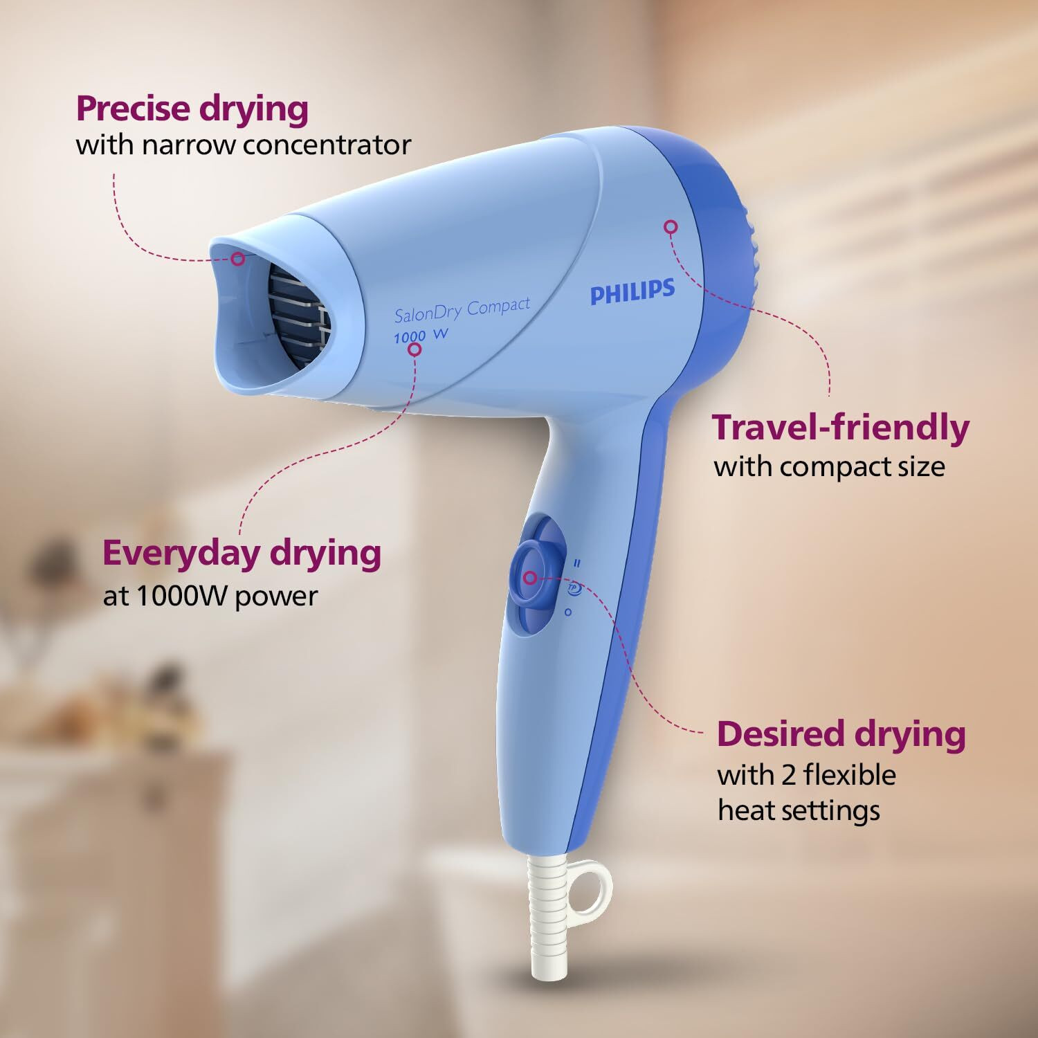 Image of PHILIPS 1000 Watts Hair Dryer with Thermo Protect Technology Hair Dryer