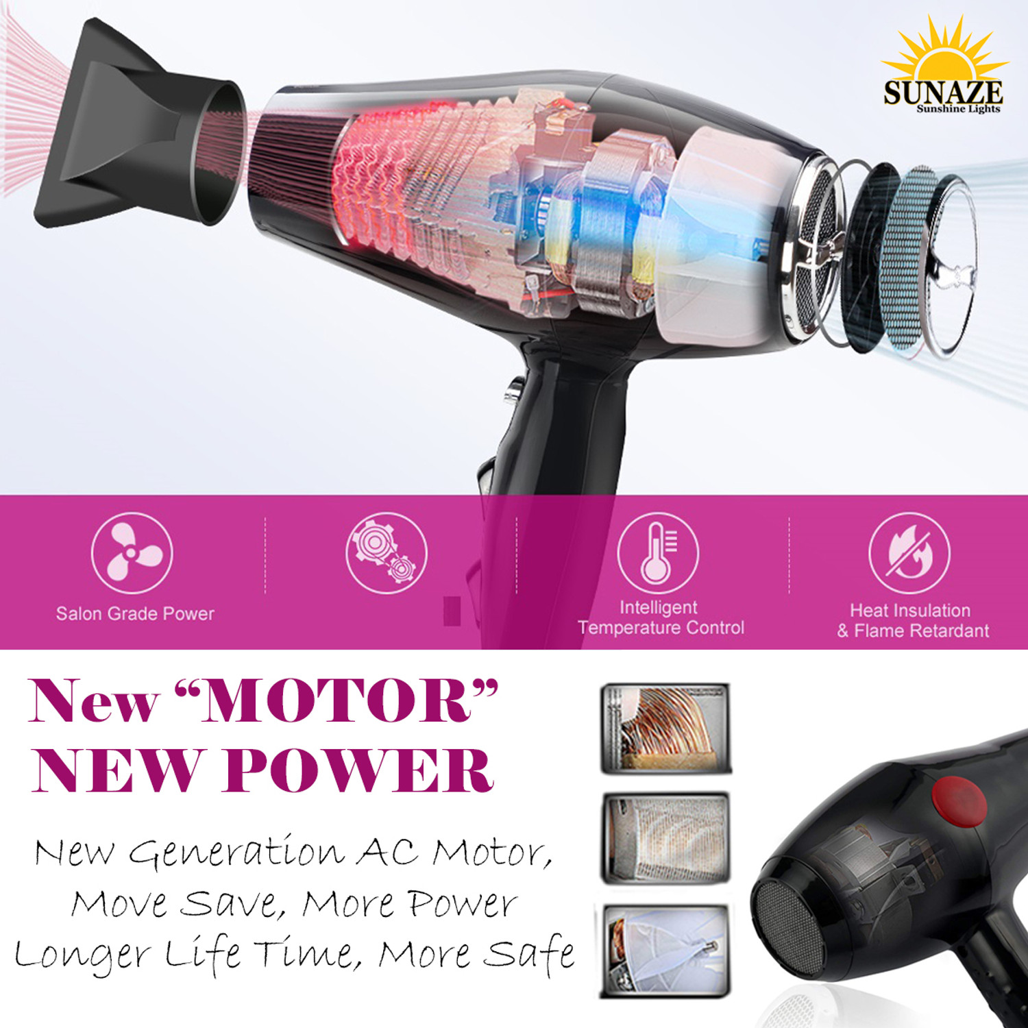 Image of Sunaze Professional Stylish 2000 Watt Uniqe Hair Dryer Hot And Cold Hair Dryer WIth Comb Reduser Hair Dryer