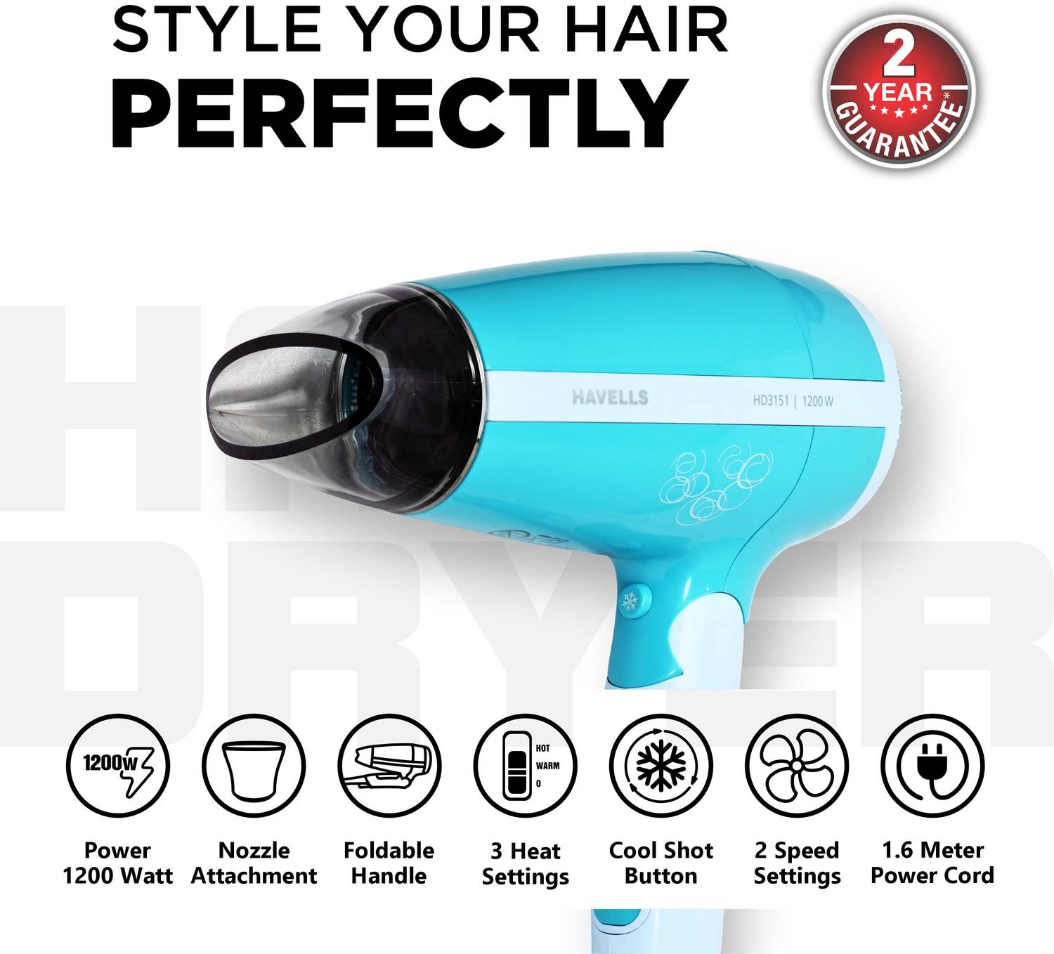 HAVELLS HD3151 Hair Dryer Green - Image 3