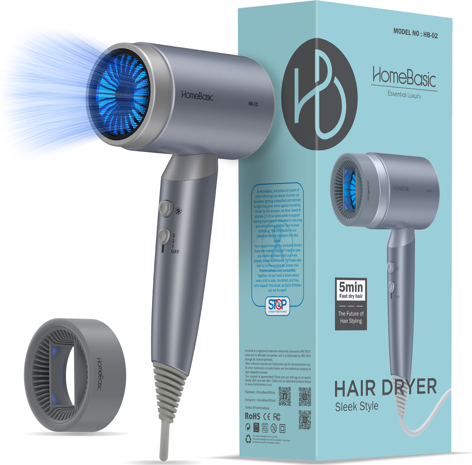 HOMEBASIC High-Speed, Overheat Protection, 360° Concentrator Nozzle and 20K RPM 5-Minute Hair Dryer