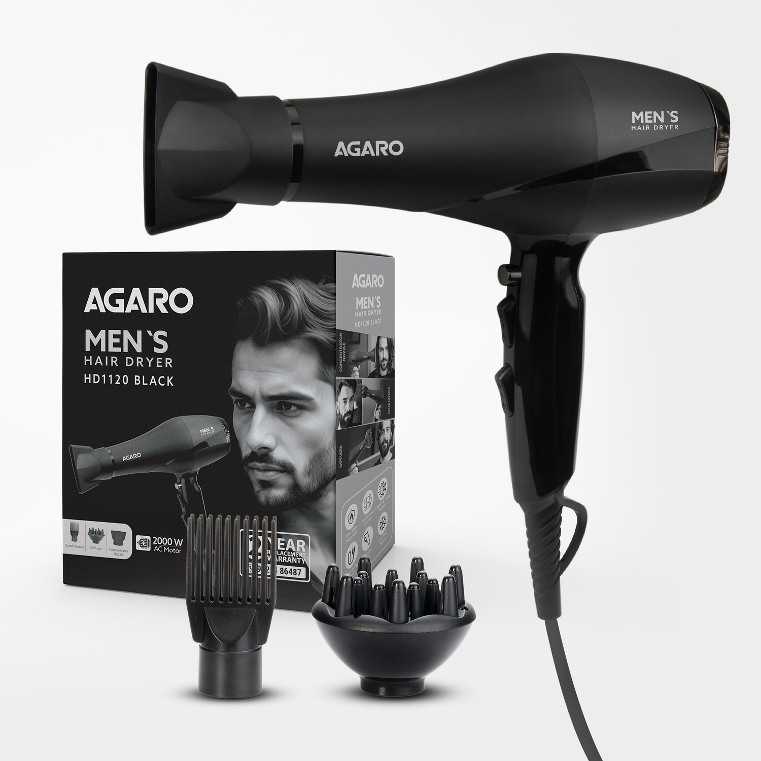 Image of AGARO 2000W AC Professional Hair Dryer with Comb, Nozzles, Hot & Cold Air, Cool Shot Hair Dryer
