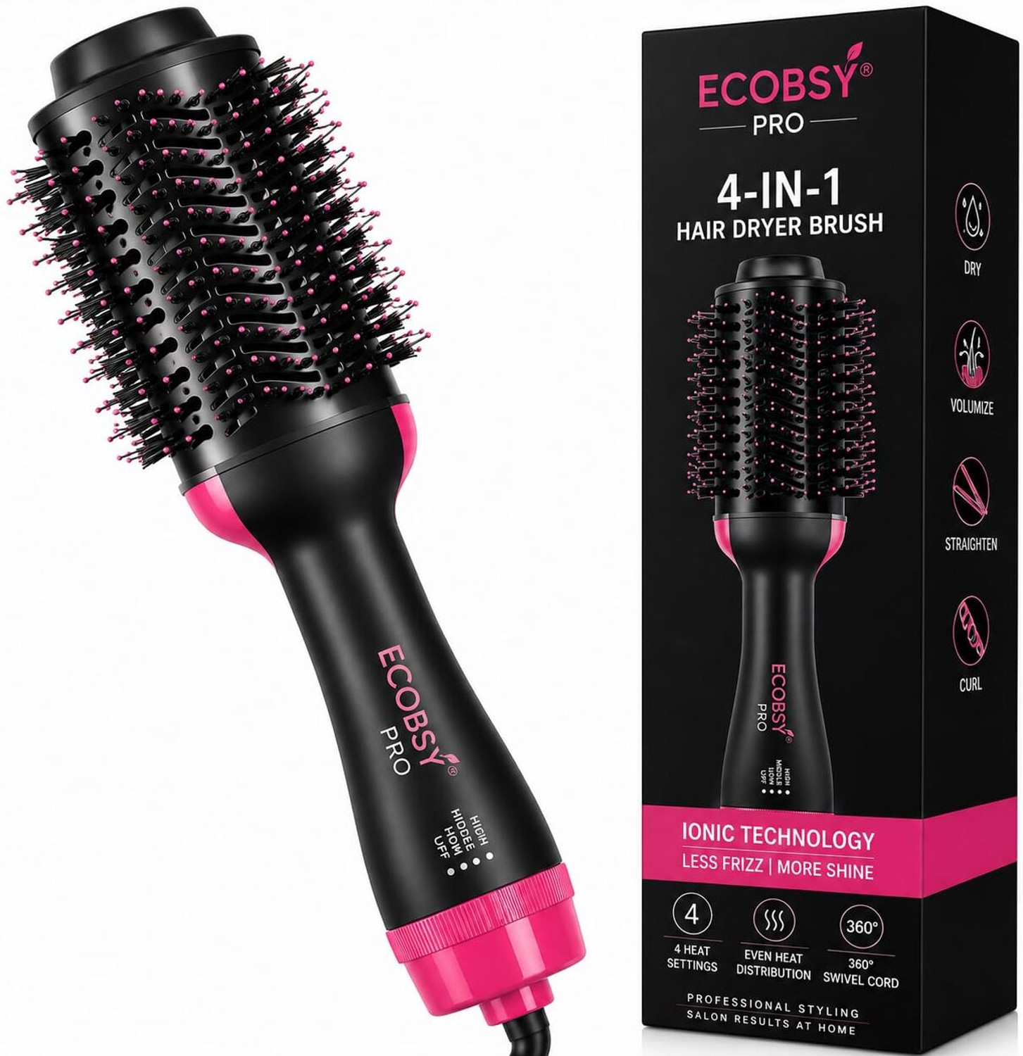 Image of ECOBSY 4-in-1 Hair Dryer Brush Hot Air Brush Volumizer with Ionic Technology Hair Dryer