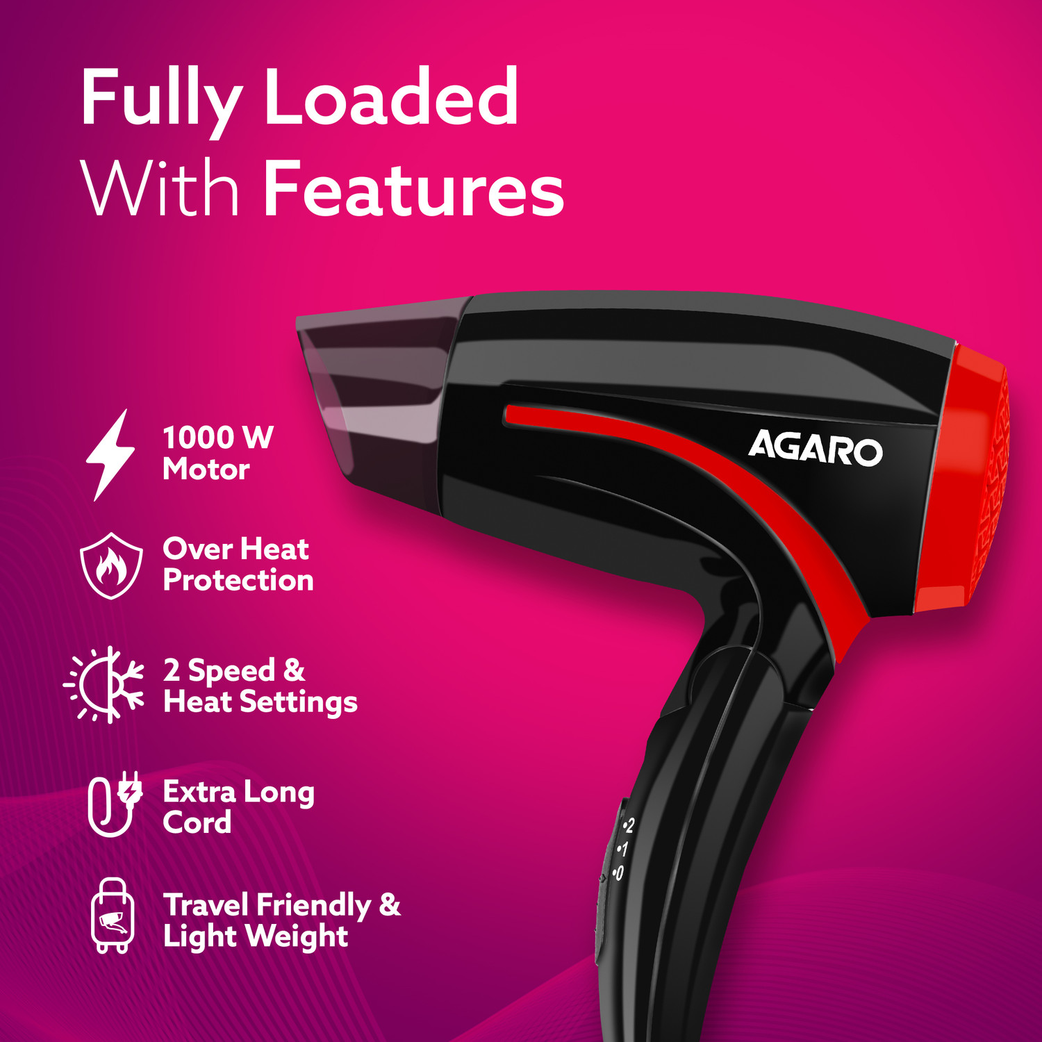 Image of AGARO HD1177 Hair Dryer with 1000 Watts Copper Motor Hair Dryer