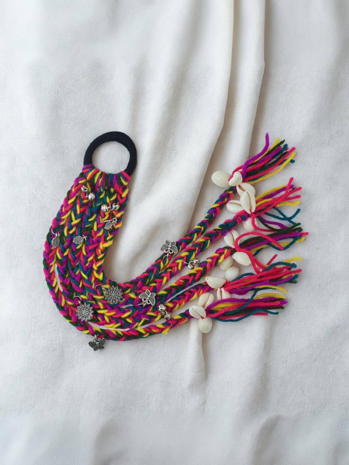 ATK Creation Handmade Multicolor Woolen Braided Extension with Charms Hair Extension