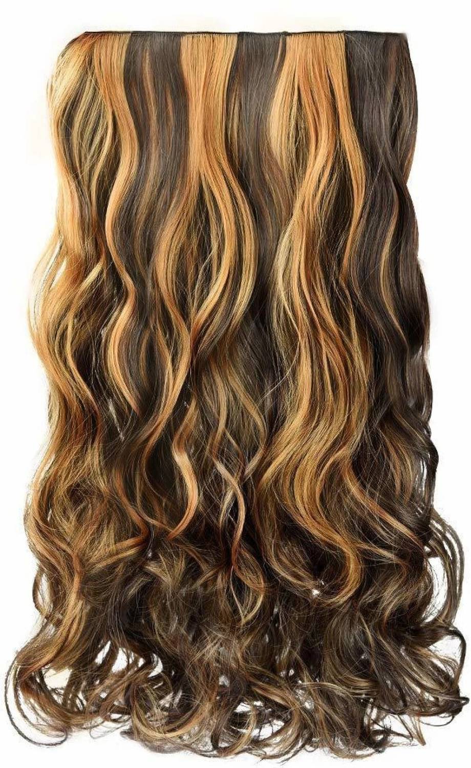 MoonEyes Women's Natural Highlighted Black with golden Curly / Wavy Extensions in High Temperature Synthetic Fiber in 24 inch ,5 Clips Head in 1 Piece Increase Length and volume Hair Extension
