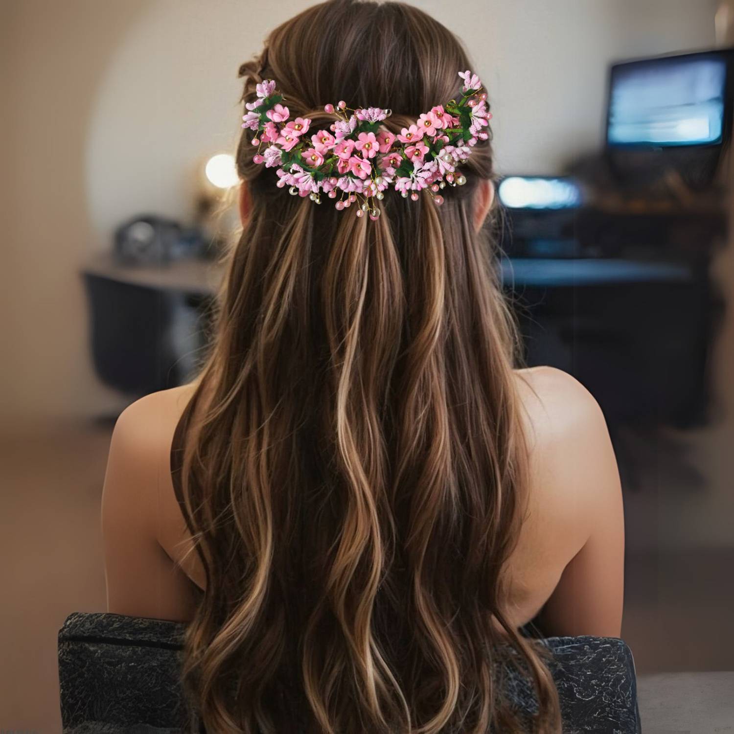 AccessoZone Pink Floral Pearl Bridal Accessoy for women Hair Extension