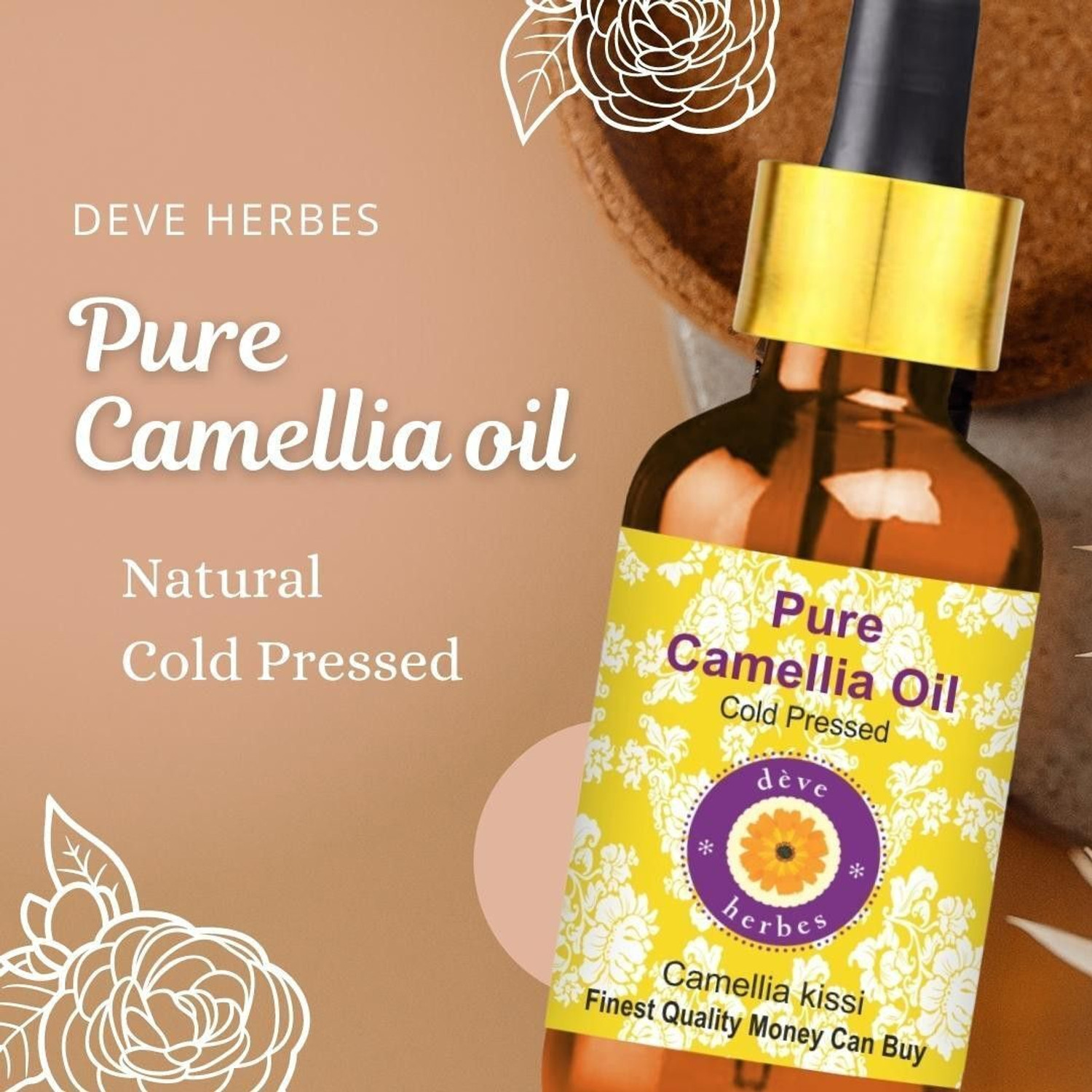 Image of deve herbes Pure Camellia Oil (Camellia kissi) with Glass Dropper 100% Natural Therapeutic Grade Cold Pressed