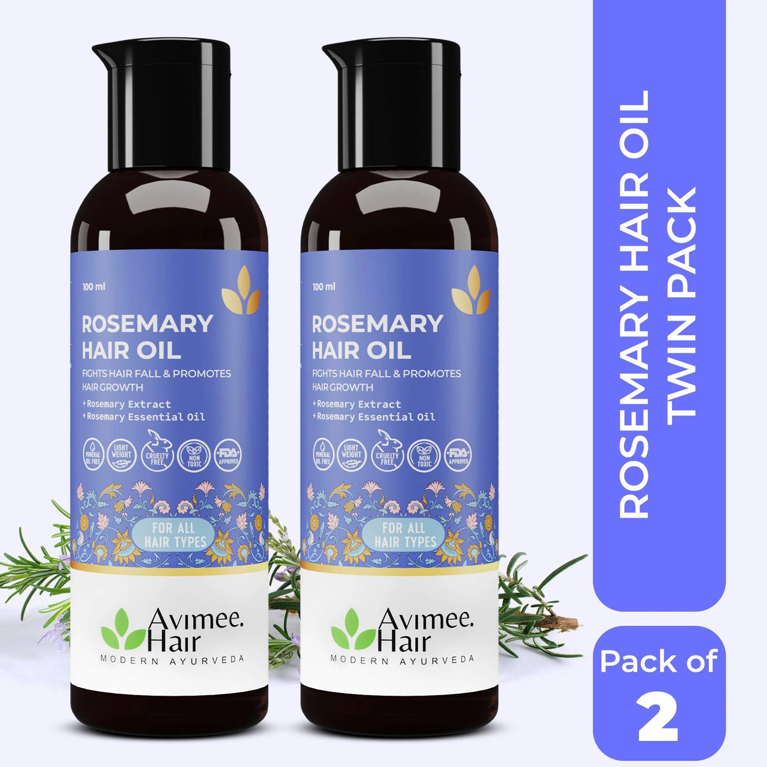 Avimee Herbal Rosemary Oil | Hair Growth, Strength | Fights Dandruff | Neem, Amla | 2*100mL Hair Oil