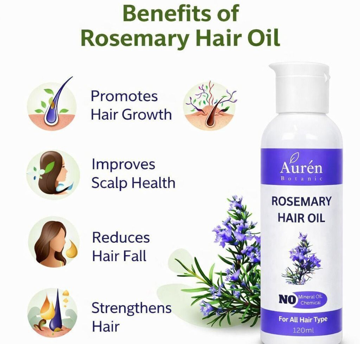 Image of Auren Botanic Rosemary Hair Oil with Vitamin E Hair Growth & Anti Hair Fall Oil Hair Oil