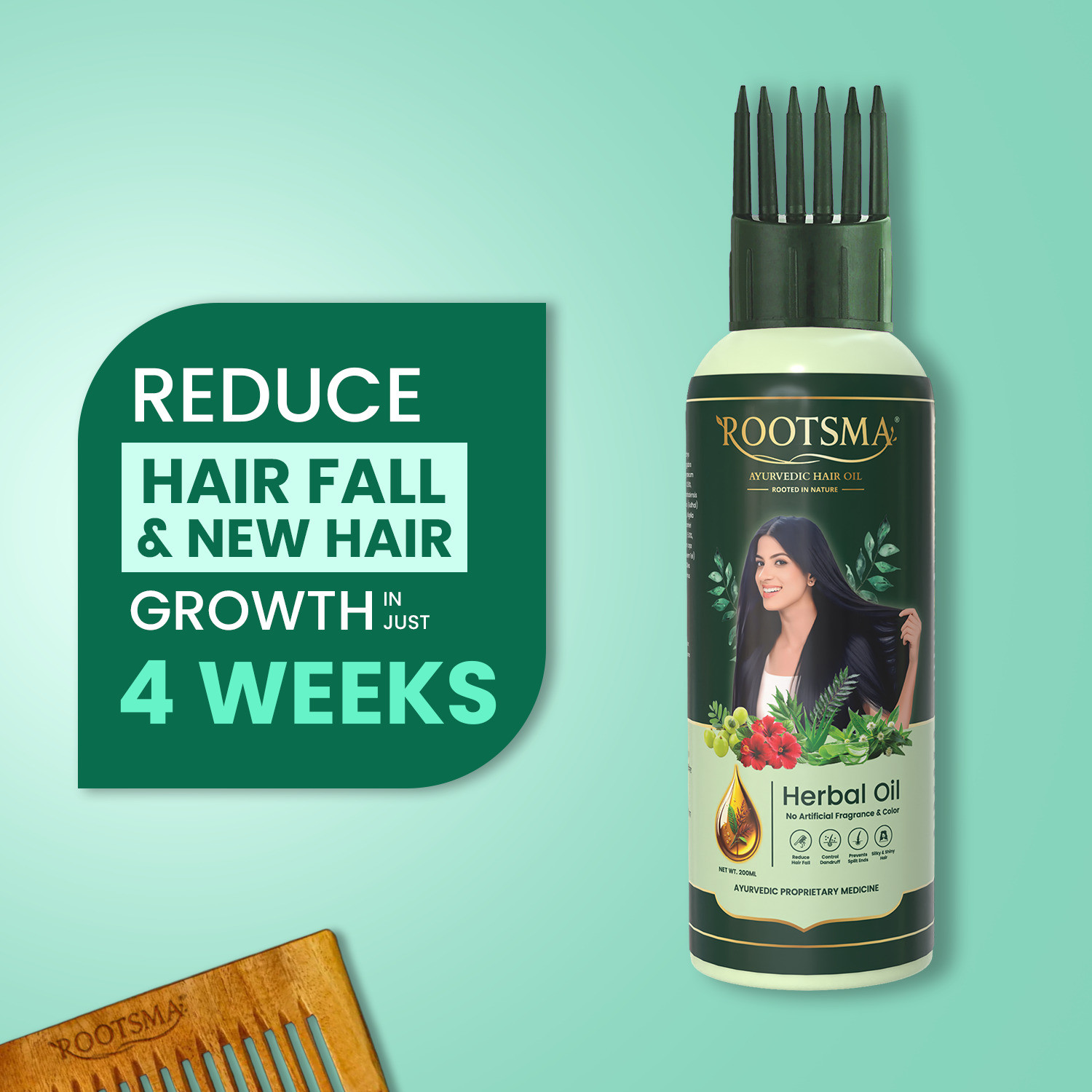 Image of Rootsma Advanced Herbal Hair Fall Control & Growth Combo-Oil + Neem Comb