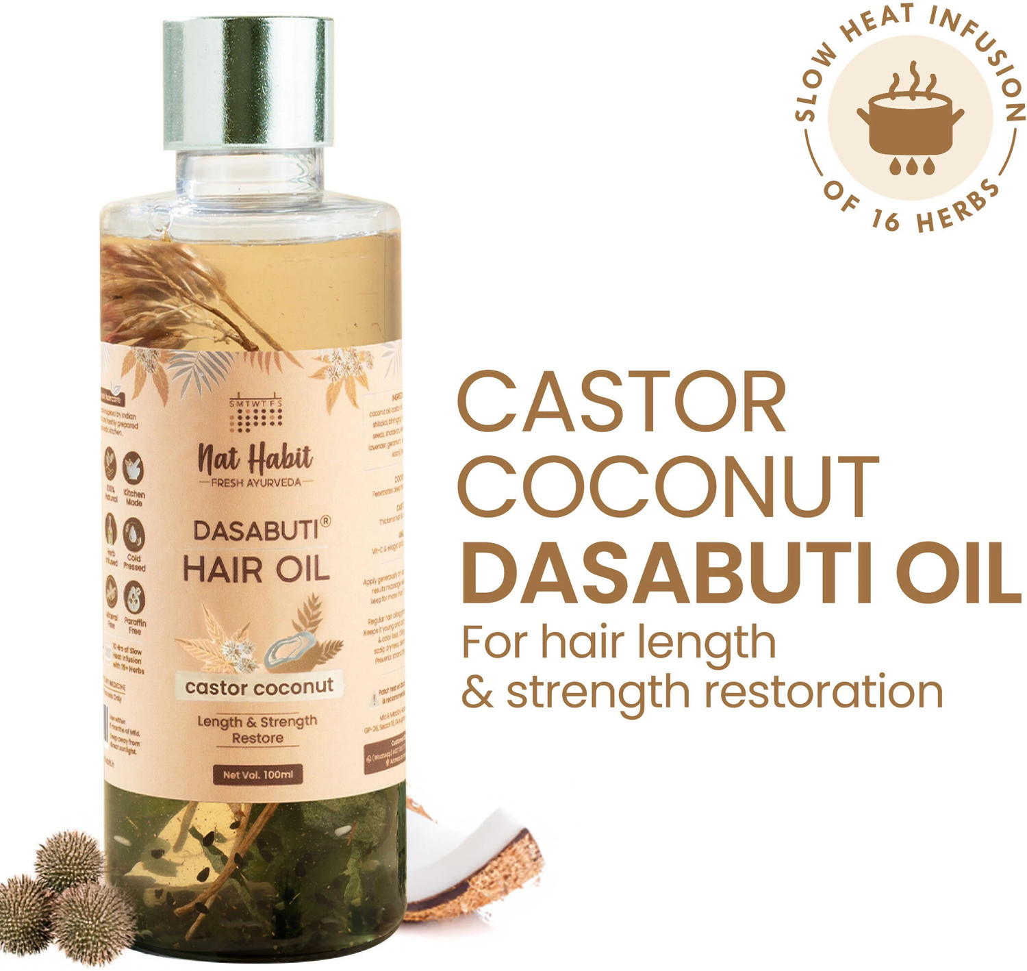 Image of Nat Habit Castor Coconut Dasabuti Hair Oil for Length & Strenghting, Retain Moisture Hair Oil