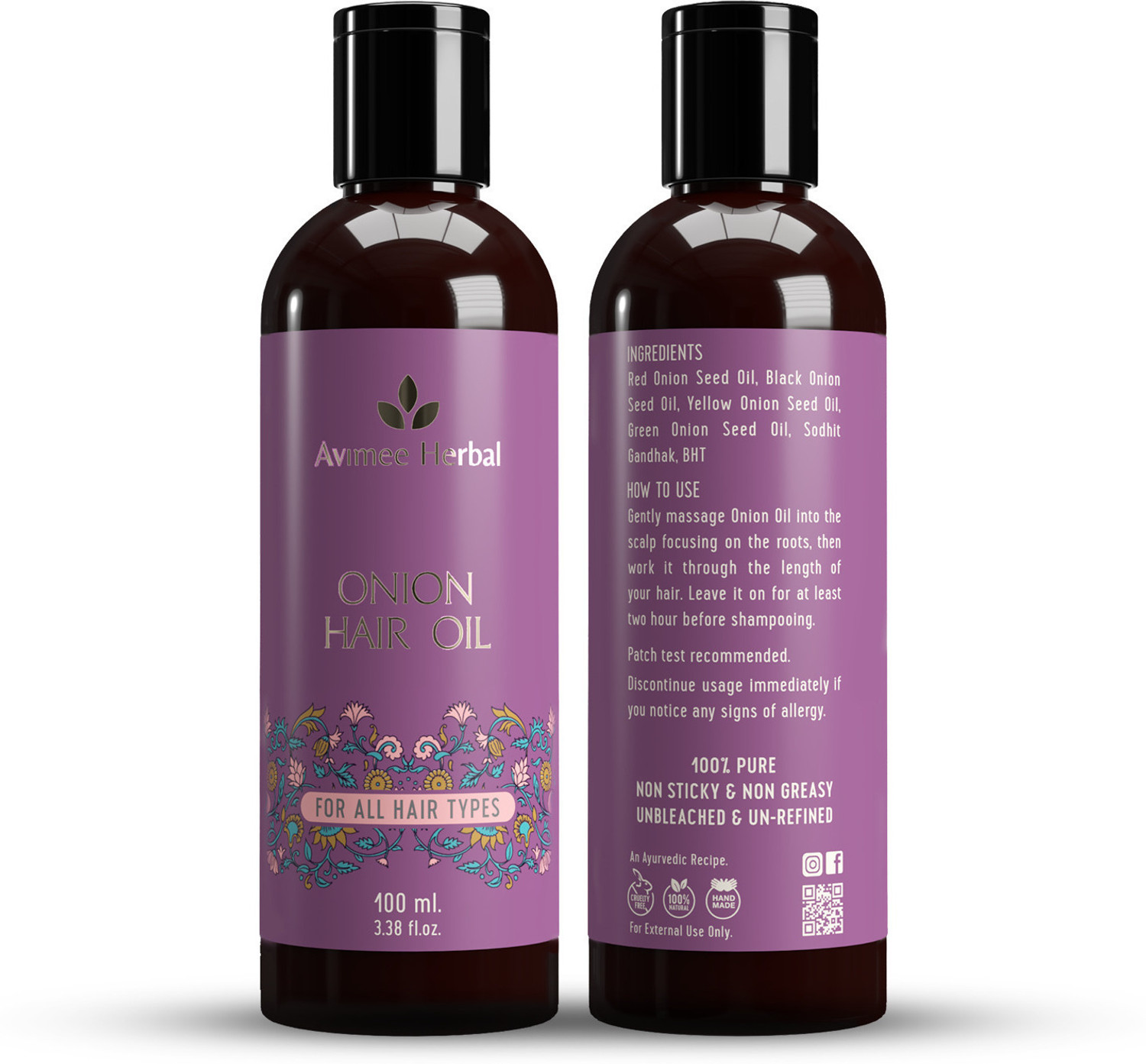 Image of Avimee Herbal Pure Onion Hair Oil for Regrowth and Hairfall Control with Natural Onion Extract Hair Oil