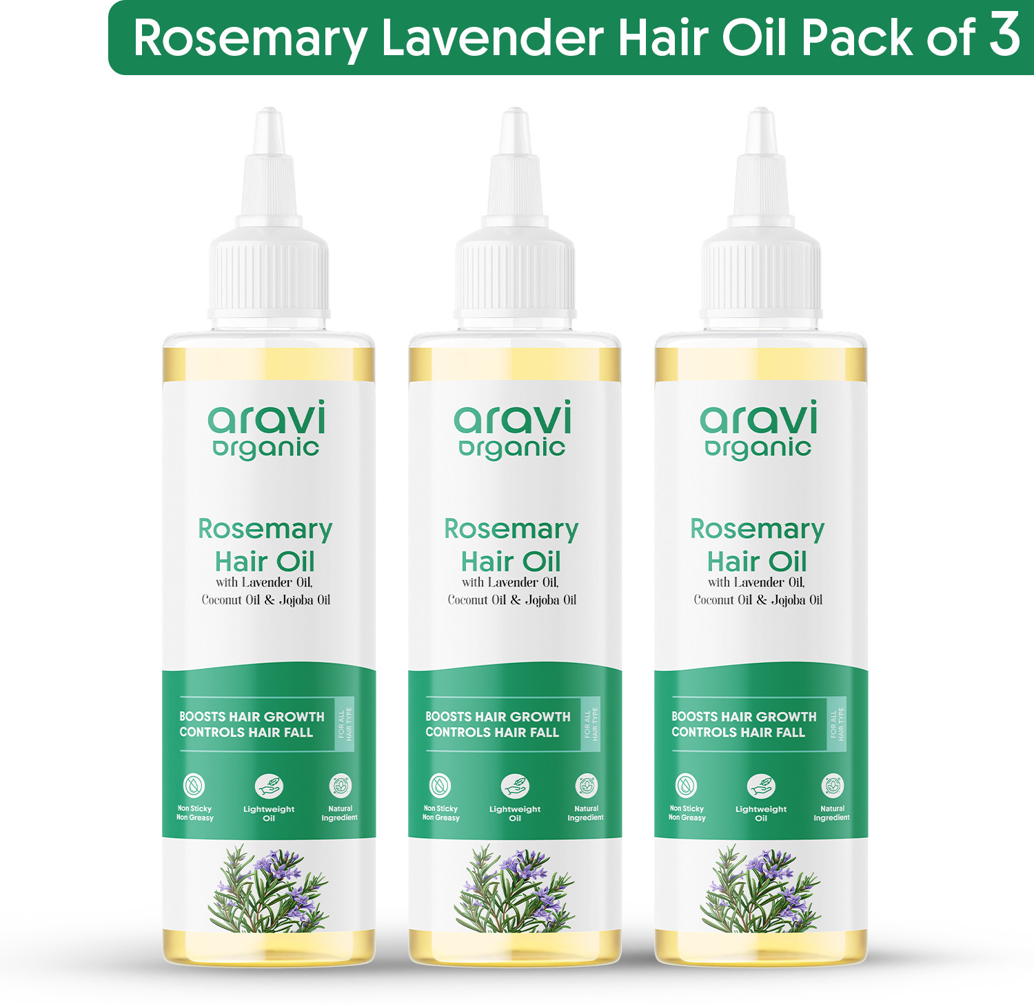 Image of Aravi Organic Rosemary Lavender Hair Oil for Faster Growth & Scalp Care, Natural, 3 Pack Hair Oil