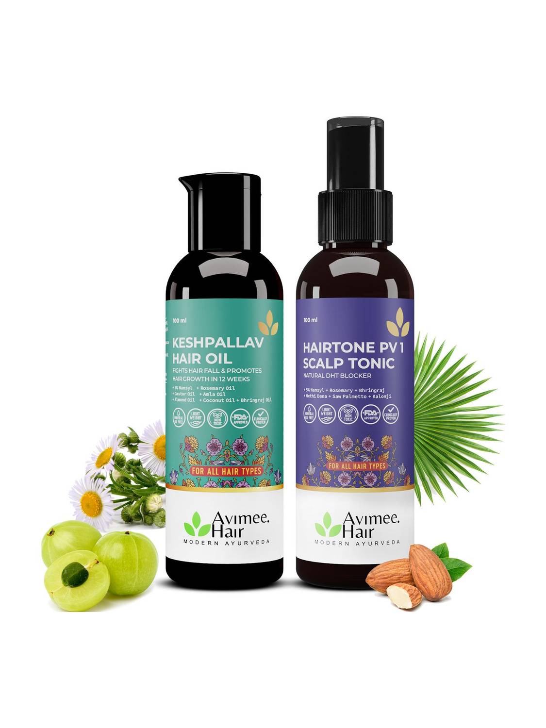 Avimee Herbal Keshpallav Oil (100ml) & Hairtone PV1 Spray (100ml) | Hair Fall Control Hair Oil