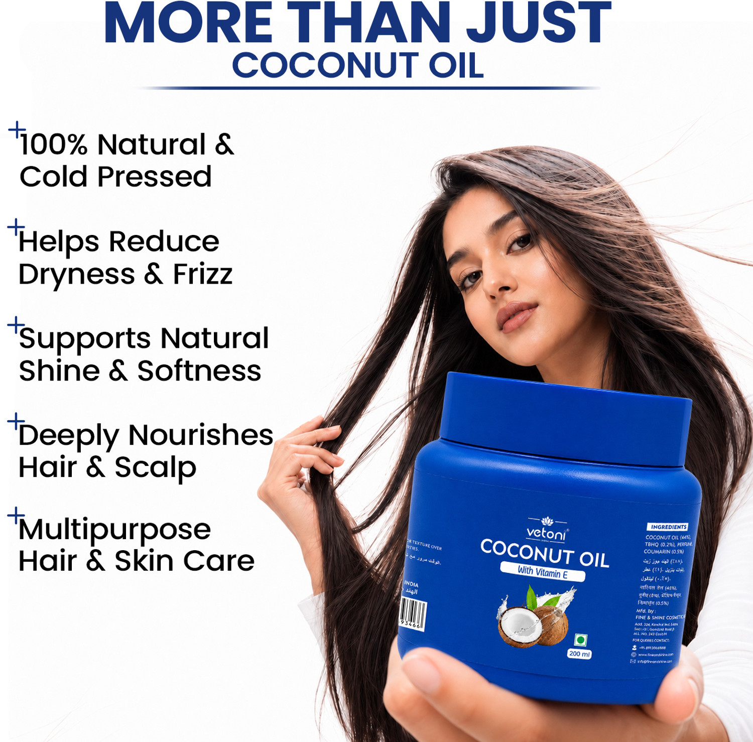 Image of VETONI 100% Cold Pressed Coconut Oil with Vitamin E for Hair & Skin Hair Oil (200 ml)