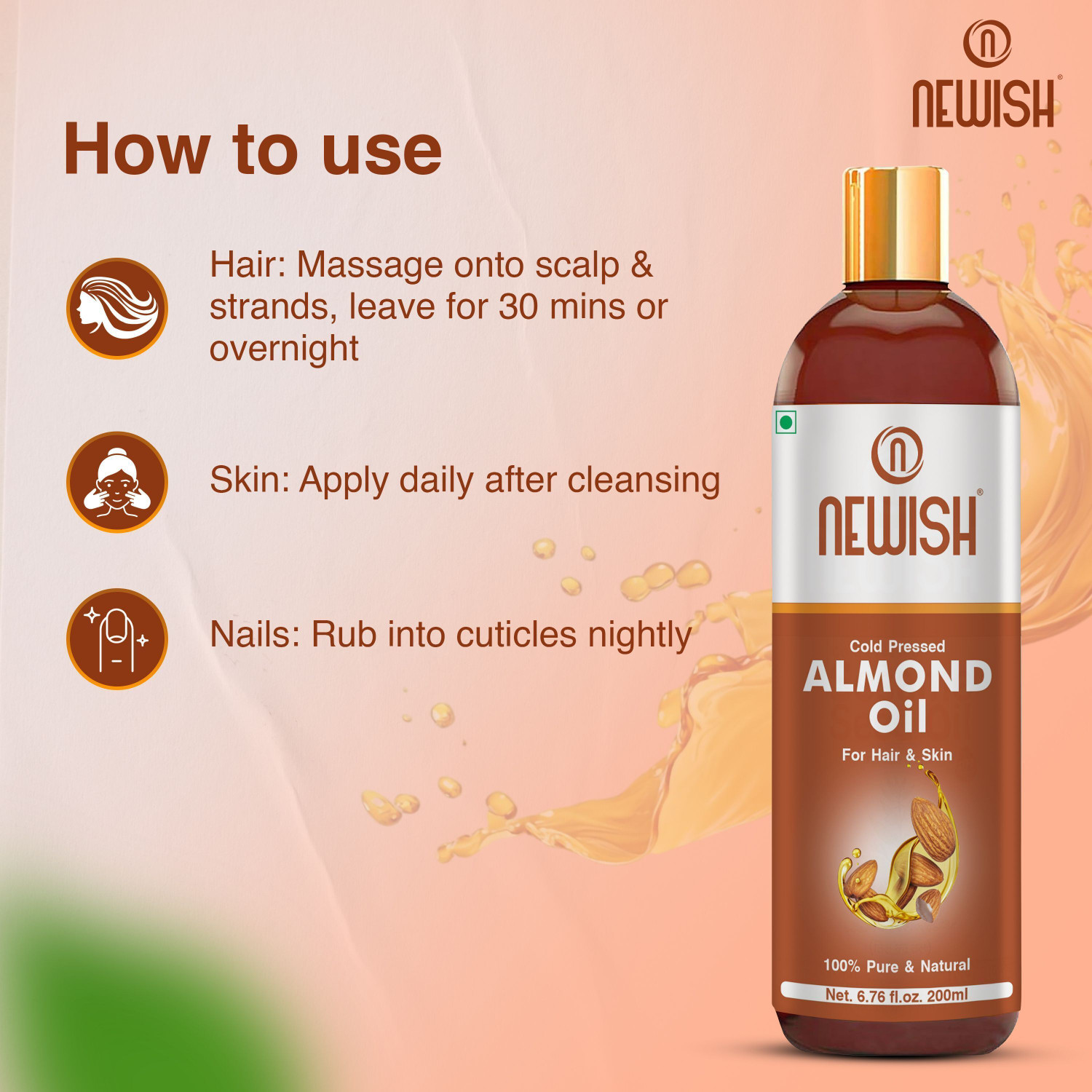 Image of NEWISH Pure Cold Pressed Sweet Almond Oil ( Badam Rogan) for Hair and Skin Hair Oil (400 ml) Hair Oil