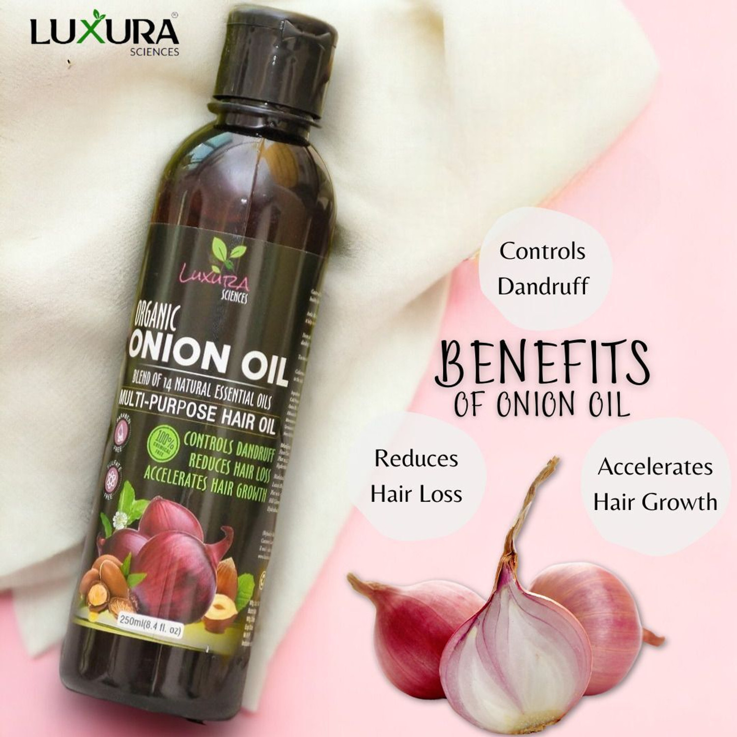 Image of LUXURA SCIENCES Onion Hair Oil 250 ML with 14 Essential Oils, Onion Hair Oil For Hair Growth Hair Oil
