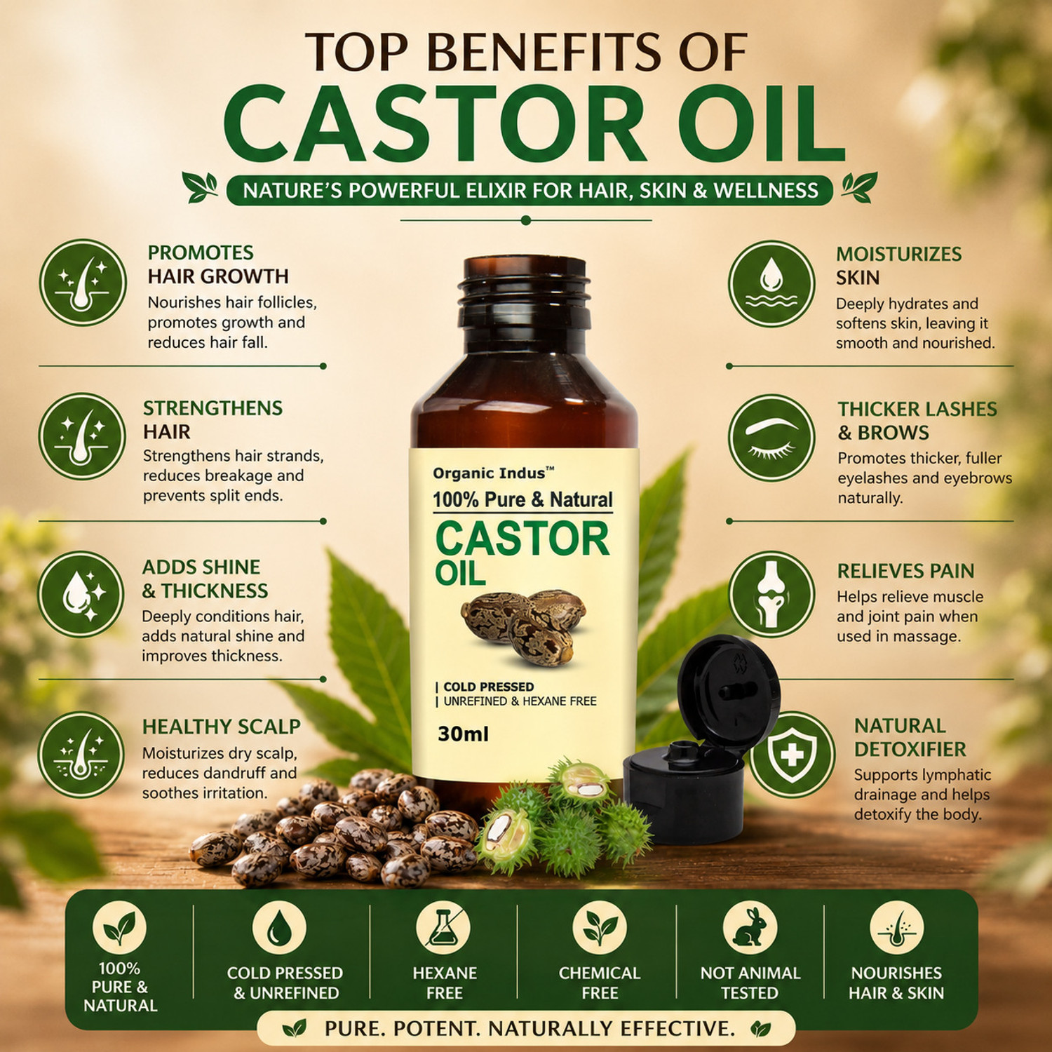 Image of Organic Indus Castor Oil - 50ml | Pure, Natural and Hexane Free | Promotes Hair Growth Hair Oil