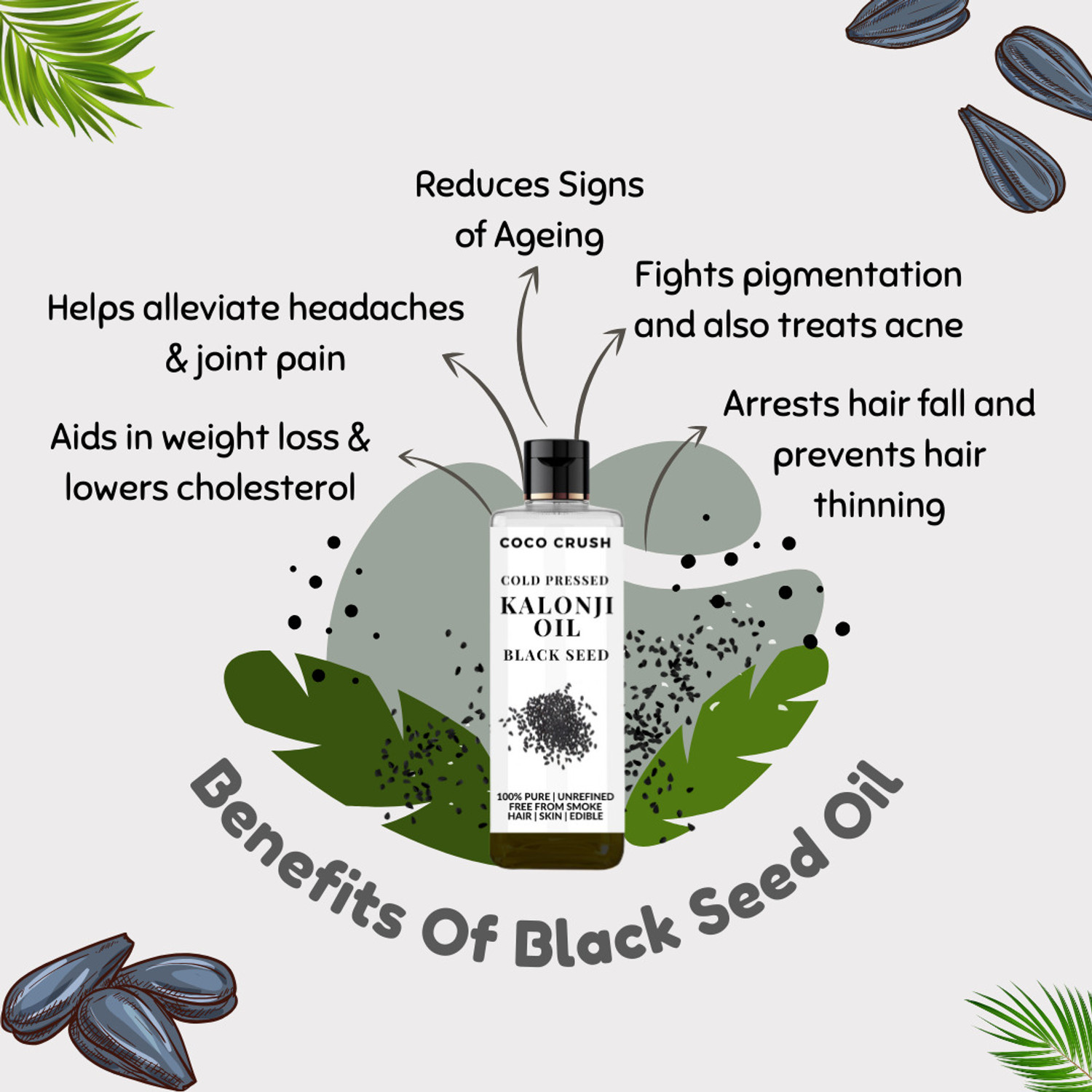 Image of COCO CRUSH Cold pressed Kalonji Black Seed Oil for Hair Growth | 100% Natural, Herbal Hair Oil