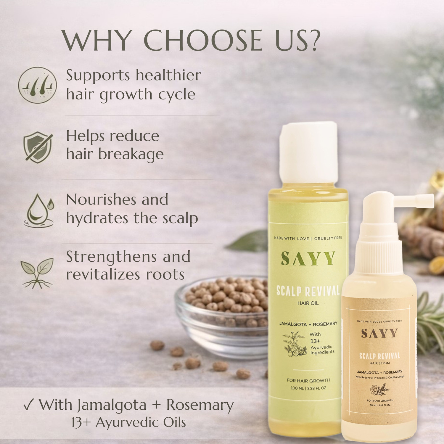 Image of SAYY Combo Of Scalp Revival Hair Serum 50 ML For Stronger Roots Rosemary Oil 100 ML Hair Oil