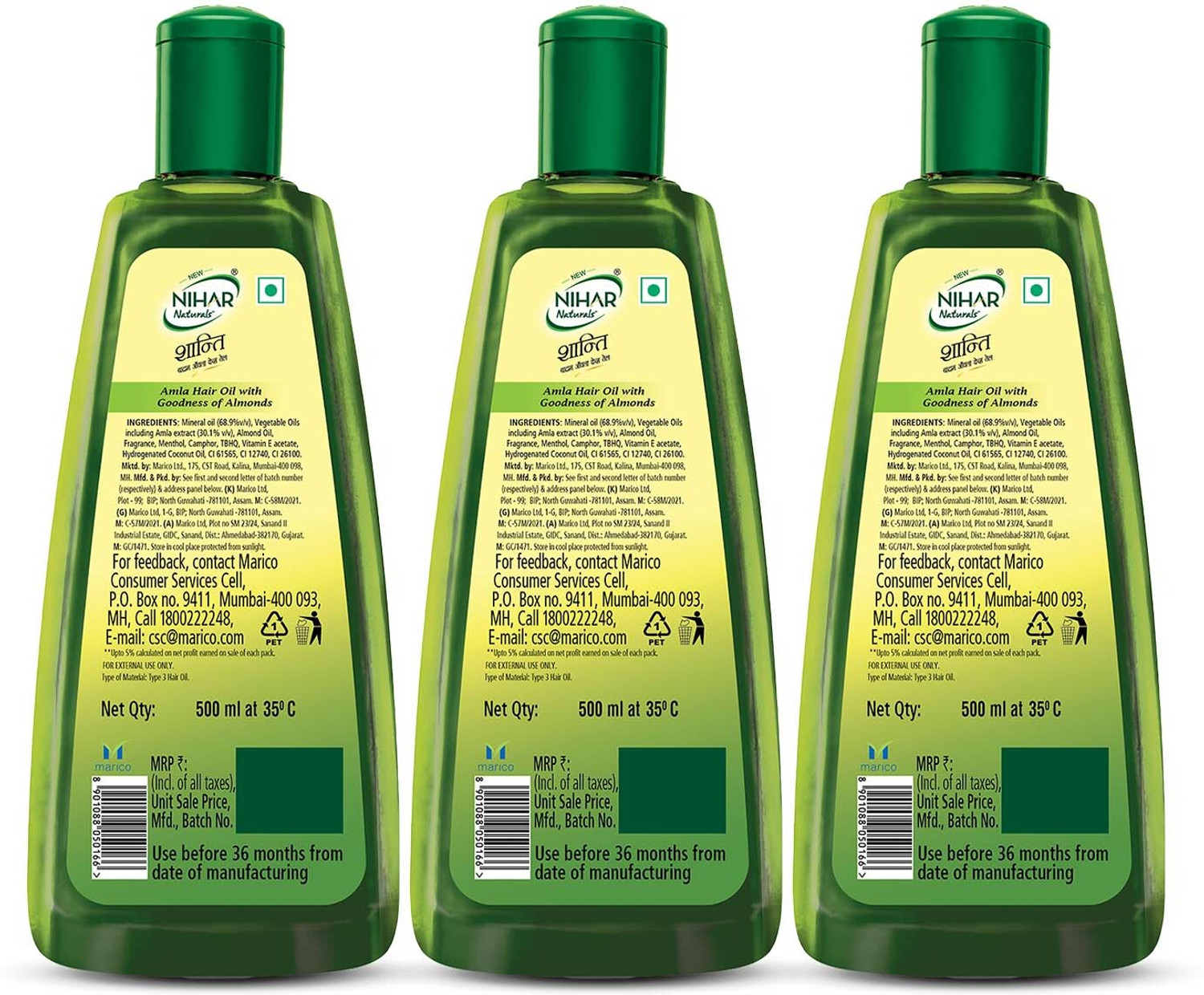 Image of Nihar Naturals Shanti Amla and Badam Hair Oil, For Black, Silky and Stronger Hair, 500 ml x 3 Hair Oil