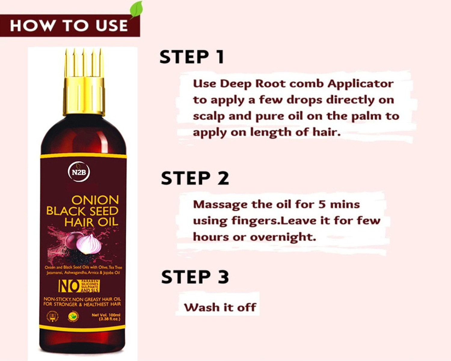 Image of N2B Onion Black Seed Hair Oil - WITH COMB APPLICATOR - Controls Hair Fall Hair Oil