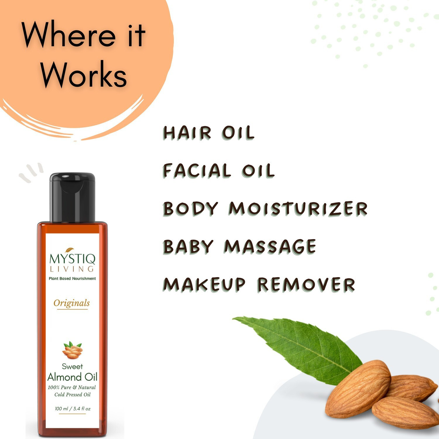 Image of Mystiq Living Sweet Almond Oil | Cold Pressed, Pure and Natural | For Hair, Skin, Face and Body Massage Hair Oil