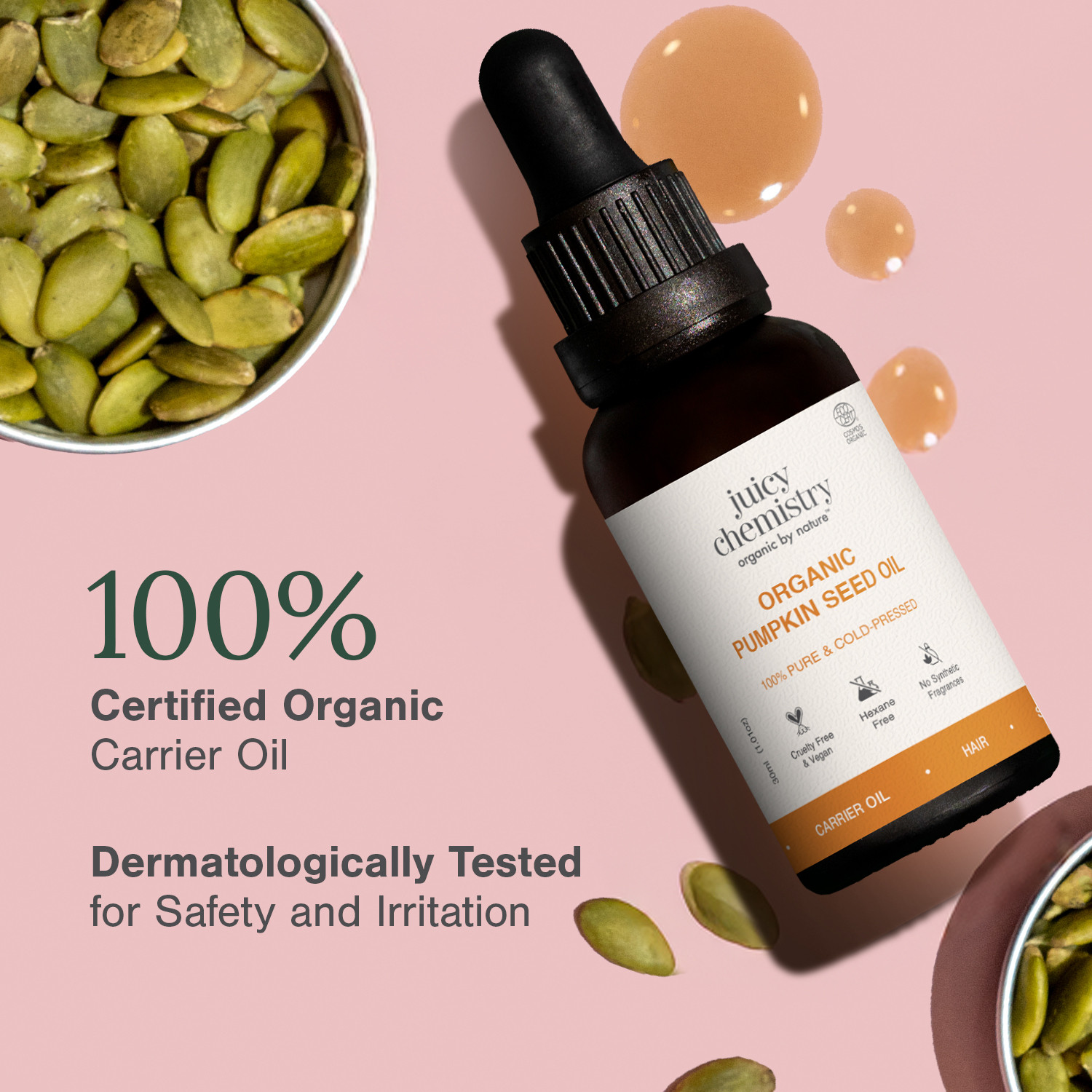 Image of Juicy Chemistry Organic Pumpkin Seed Oil | Cold-Pressed | 100% Pure|Nourishes Skin | Scalp & Hair Oil